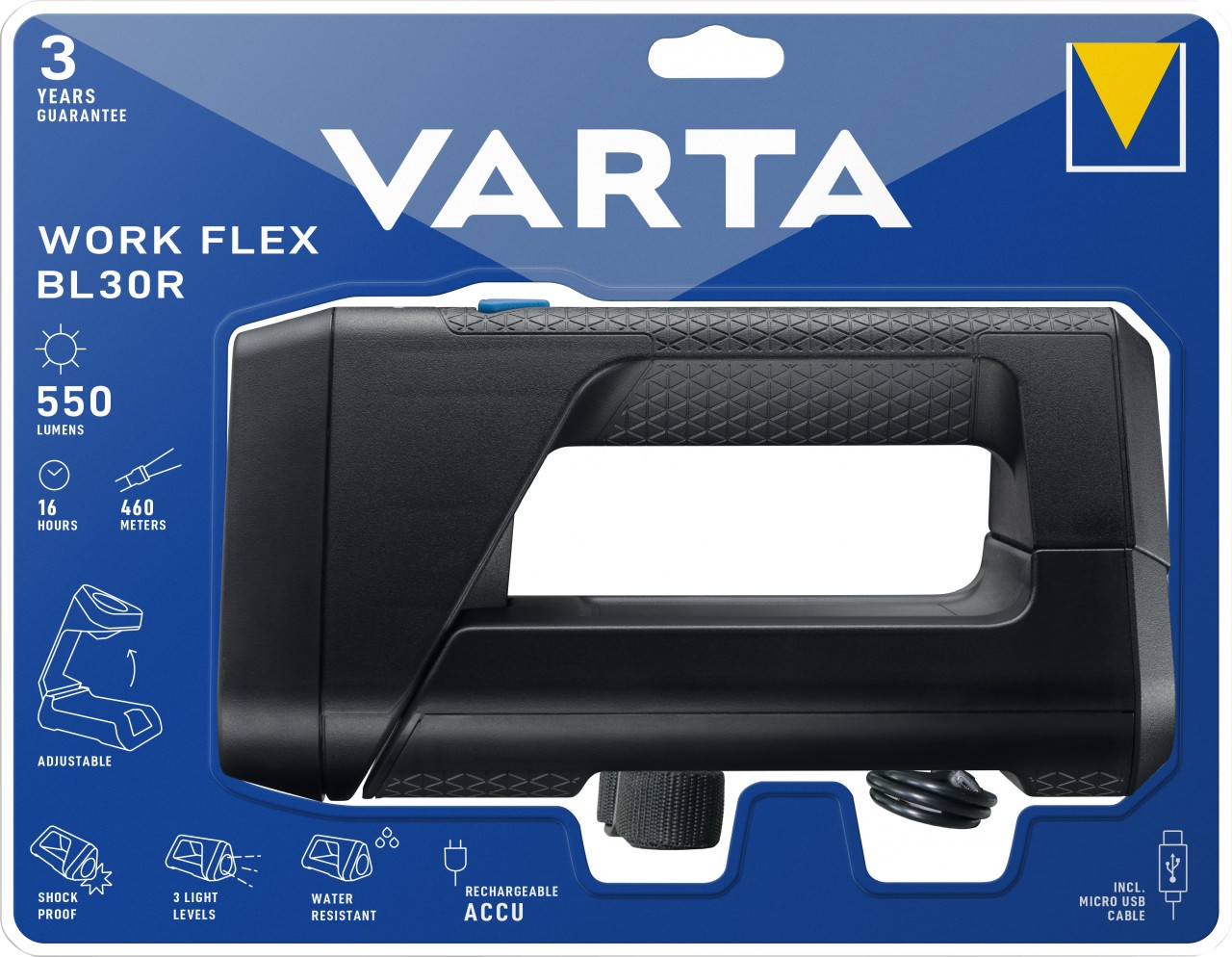Varta LED Taschenlampe Work Flex Line, BL30R 550lm, inkl. 1x Lithium-Ionen Akku, Retail Blister