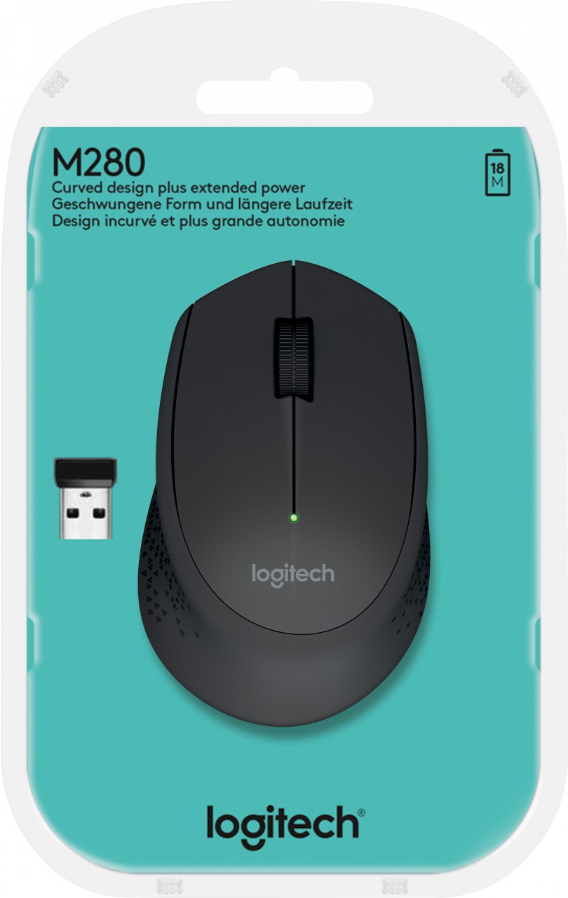 Logitech Maus M280, Wireless, schwarz Optisch, 1000 dpi, 3 Tasten, Retail