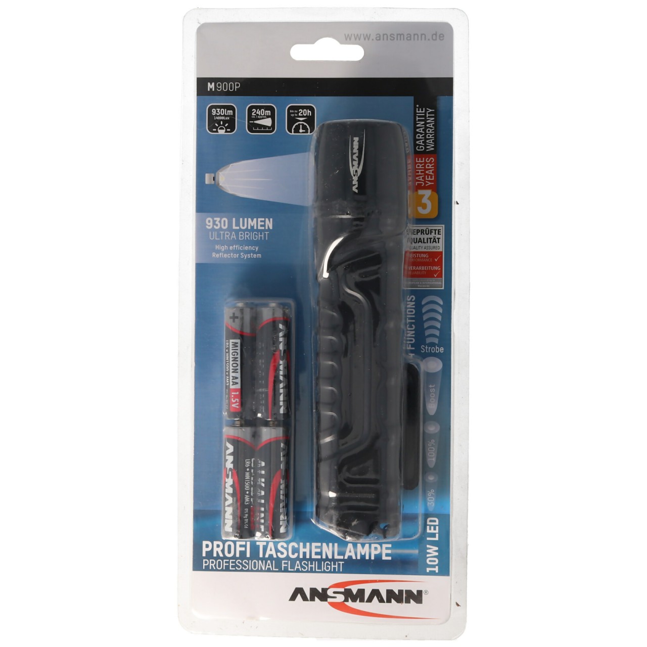 Ansmann M900P LED Taschenlampe mit Handschlaufe max. 930 Lumen, 10W LED