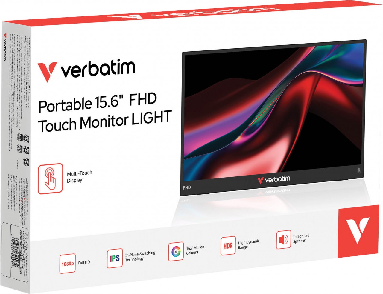 Verbatim Portable Monitor LIGHT, 15.6'' (39.62cm), LCD, Full HD USB C, HDMI, IPS, 16:9, Touchscreen, Retail