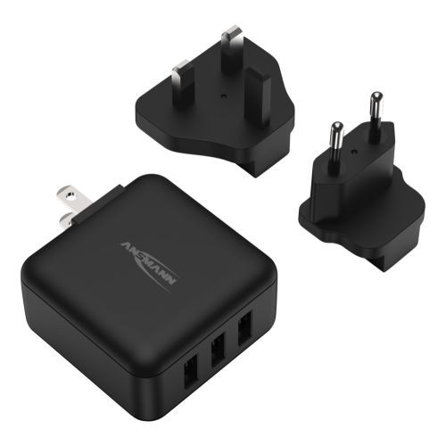 Ansmann USB-Ladegerät Travel Charger TC315, 3 USB-Ladeports, mit AC Wechselsteckern für US, UK und EU