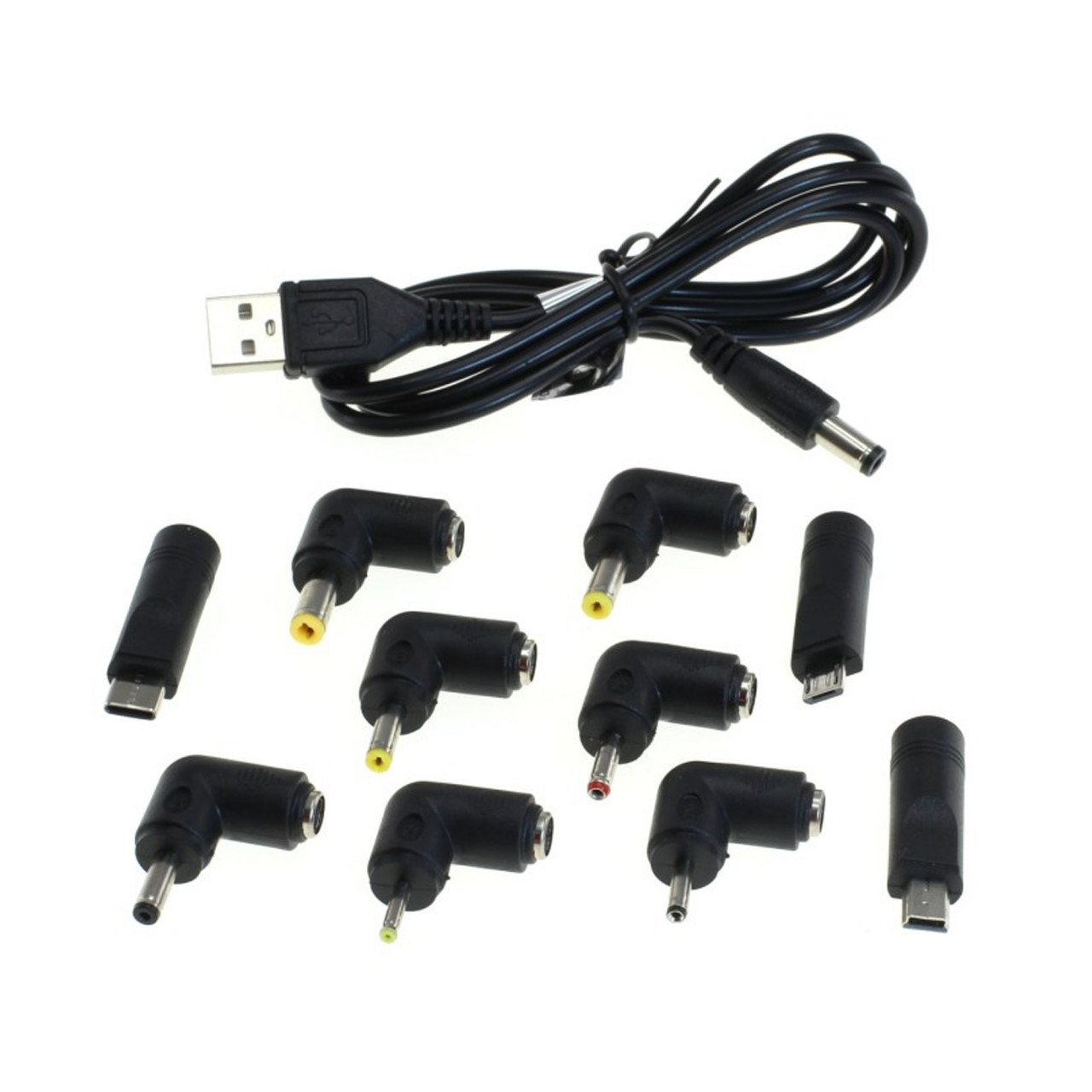 Universal USB Ladekabel mit DC-Stecker 5,5x2,1mm und Adaptern für verschiedene Anwendungsbereiche