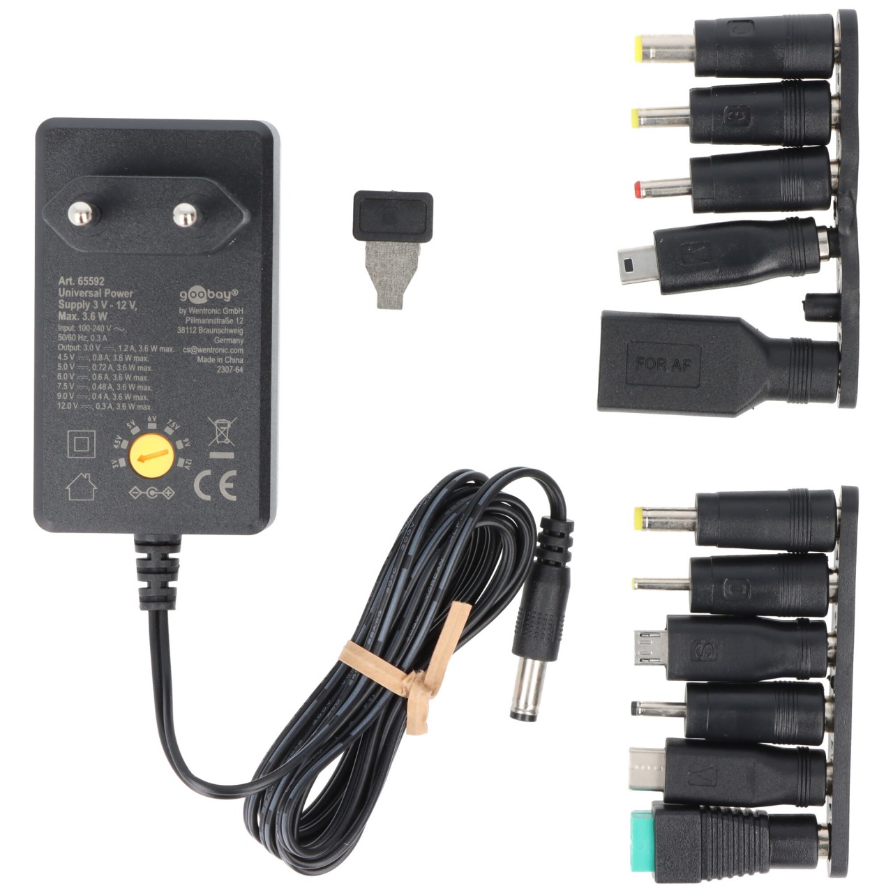 Universal-Netzteil 3 Volt bis 12 Volt, max. 3,6 W, inklusive 11 Adapter