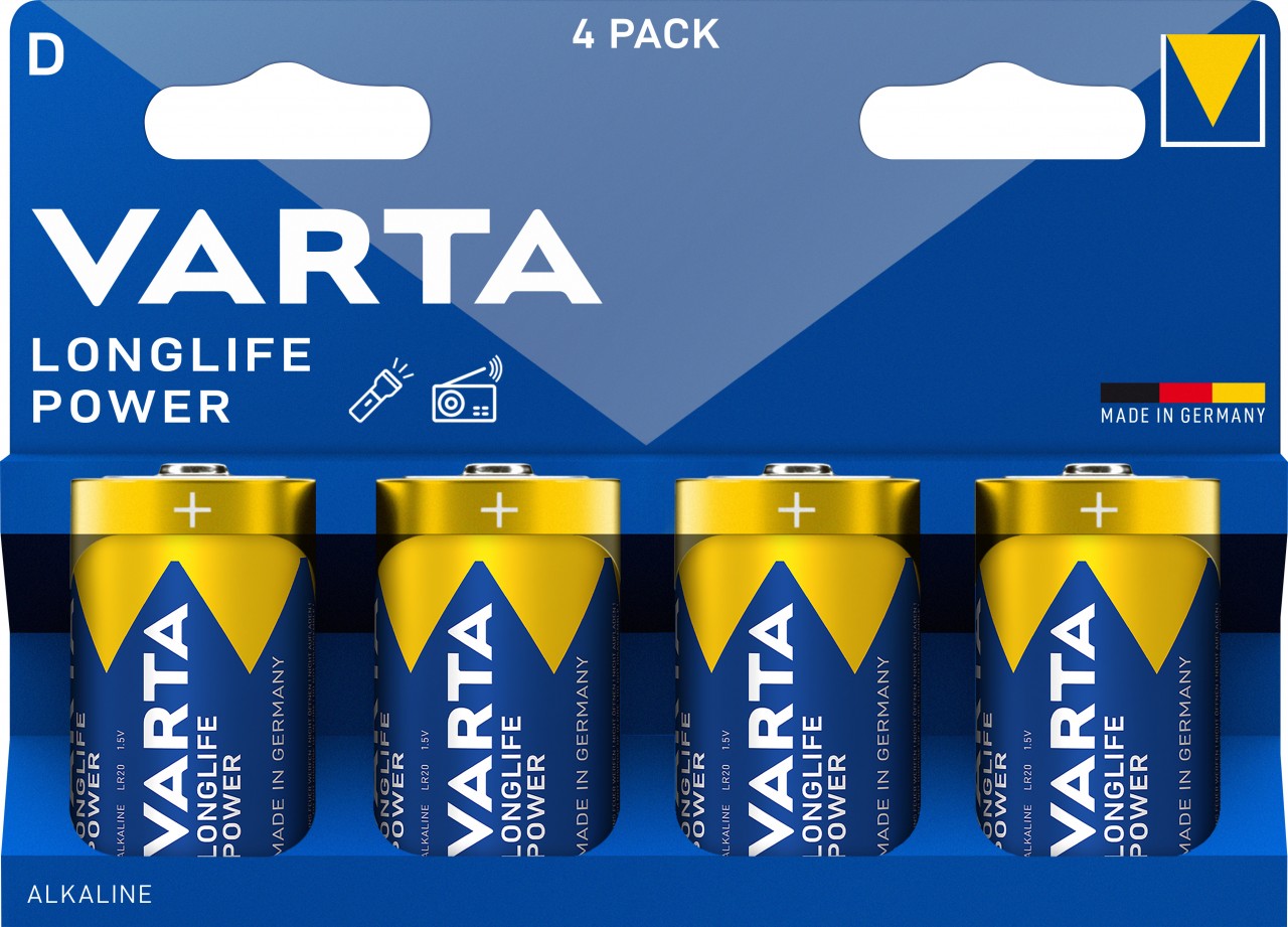 Varta Batterie Alkaline, Mono, D, LR20, 1.5V Longlife Power, Retail Blister (4-Pack)