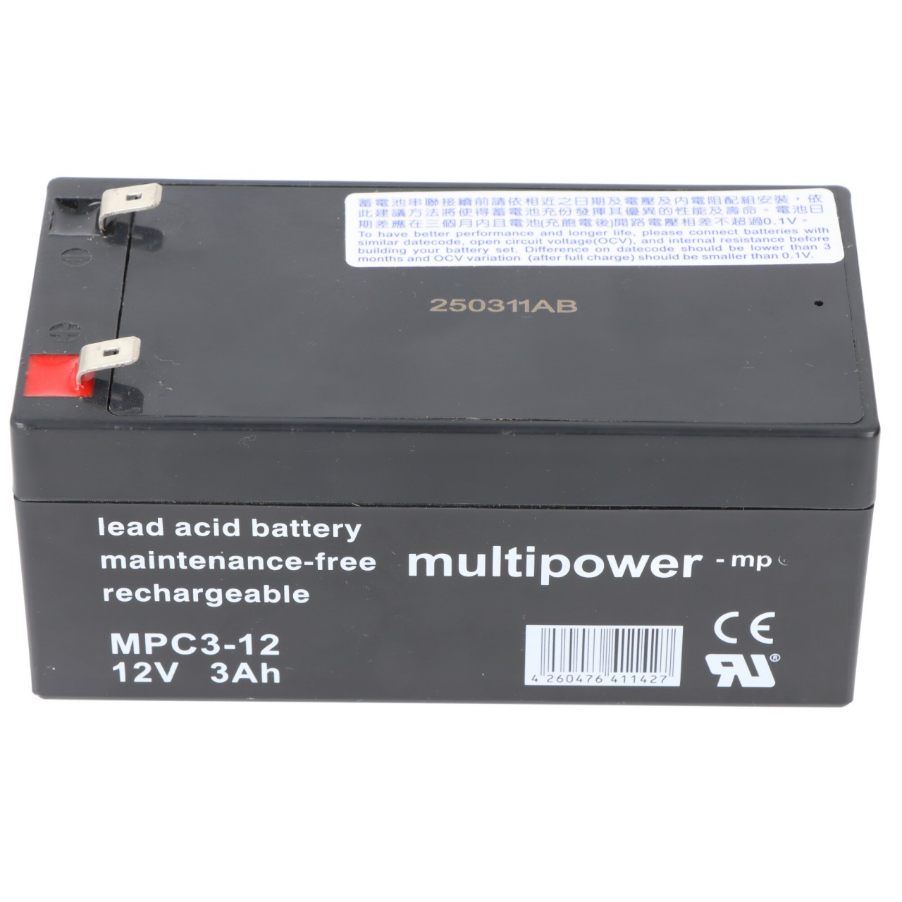 Multipower MP3-12C Blei Akku 6,3mm Faston Stecker, zyklenfeste Ausführung