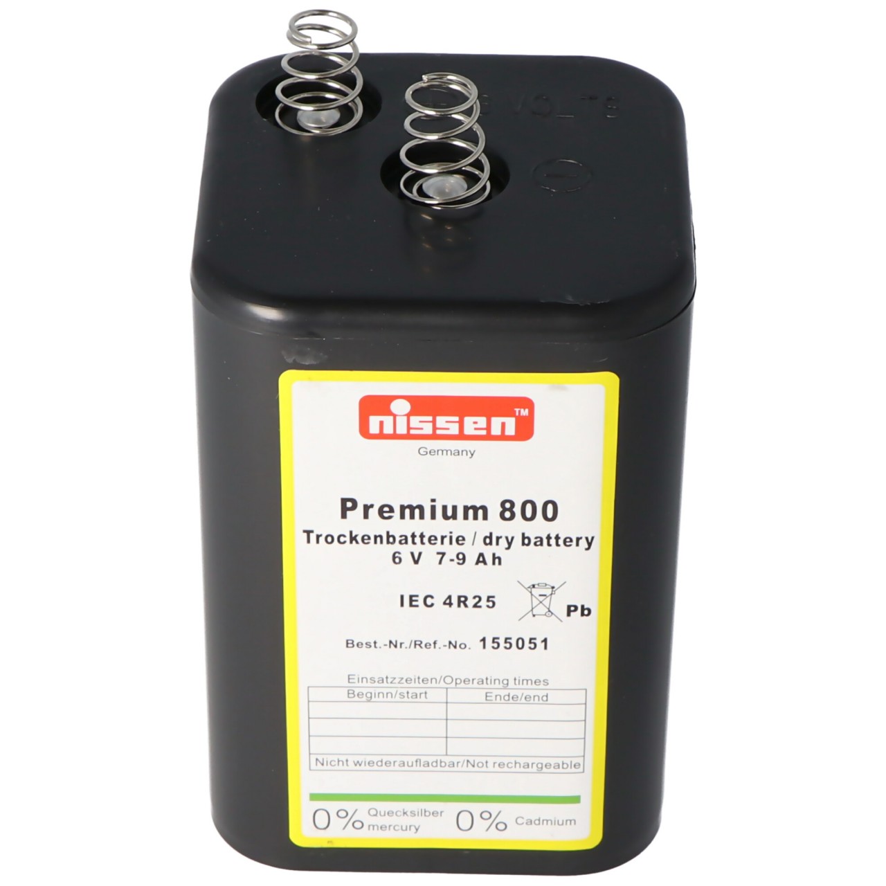 Nissen Premium 800 4R25 Batterie 6 Volt max. 9000mAh Kapazität, Trockenbatterie Nissen 4R25 ohne Quecksilber und Cadmium