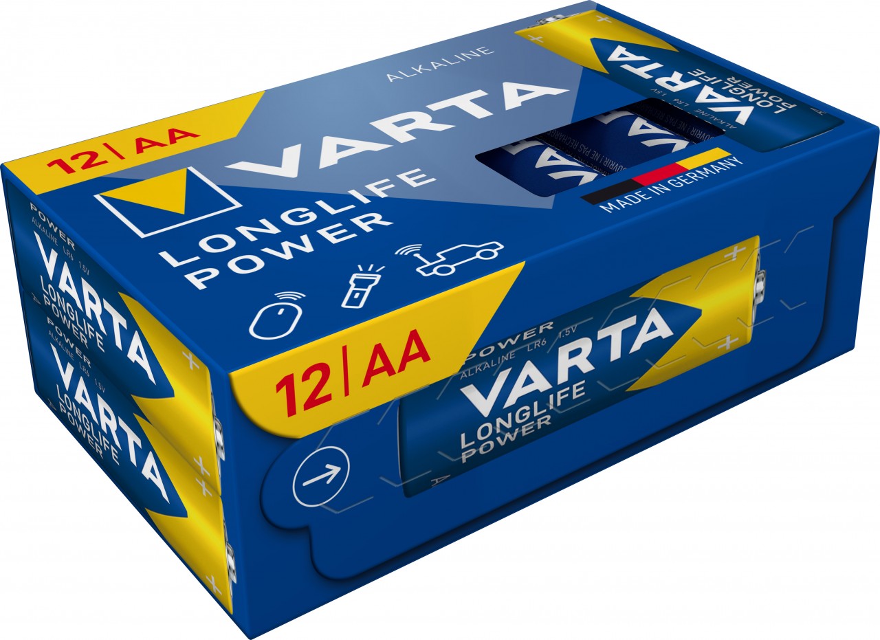 Varta Batterie Alkaline, Mignon, AA, LR06, 1,5V Longlife Power, Cube, Retail Box (12-Pack)