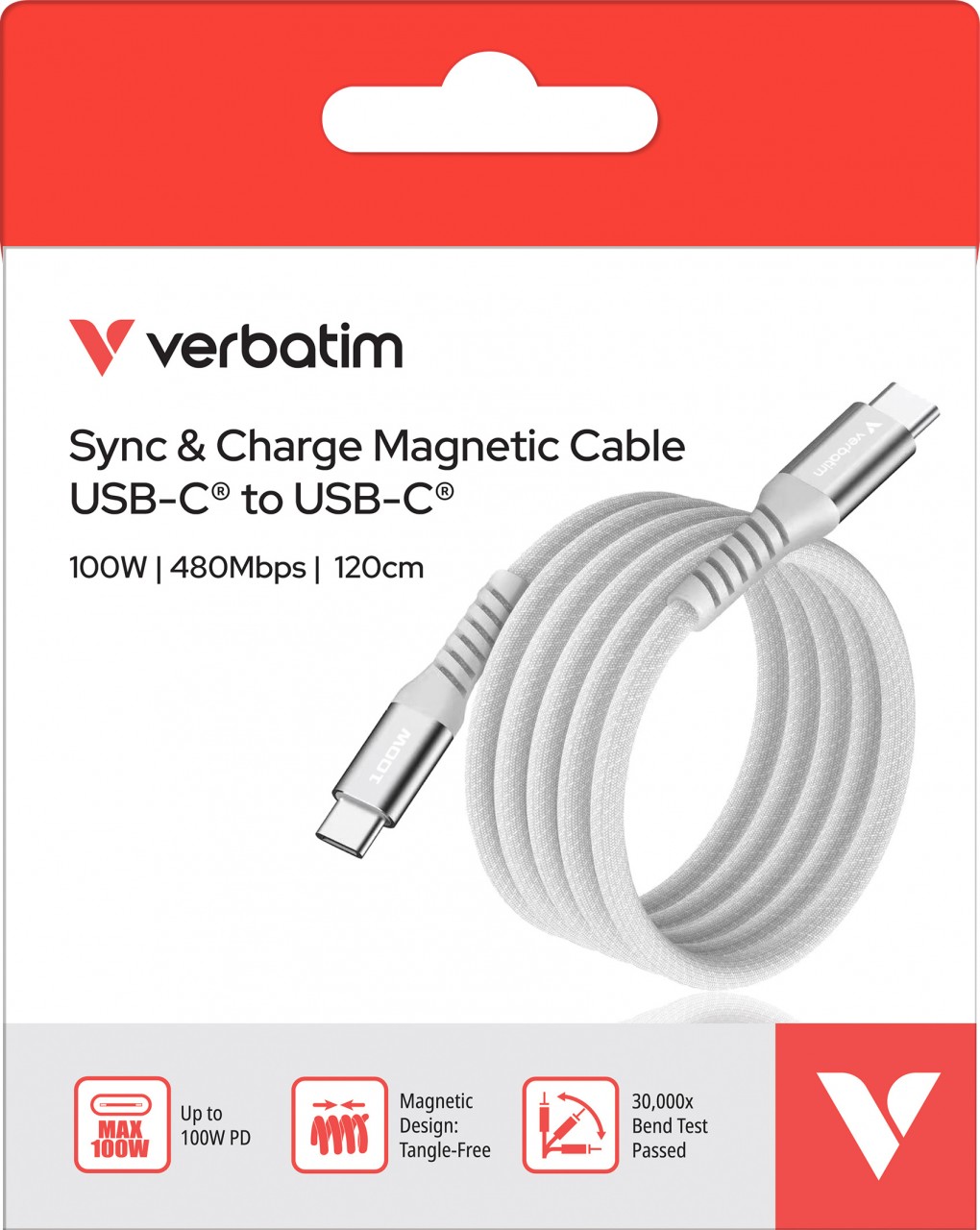 Verbatim Ladekabel, USB-C/USB-C, 1.2m, grau Sync&Charge, 100W, 480MBit/s, Magnetic, Retail