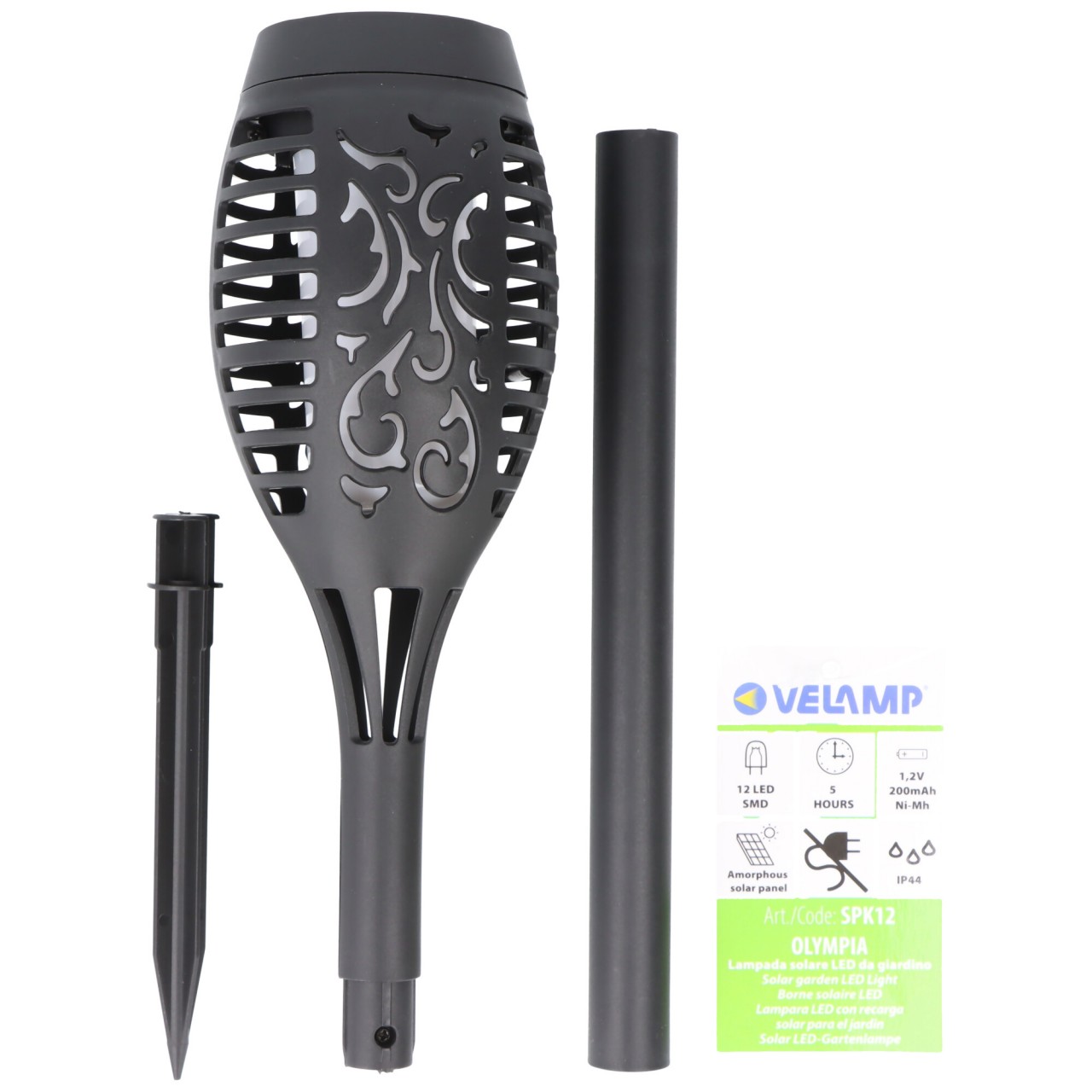 Velamp OLYMPIA, Solar-Gartenpfahl 51cm mit Flammen-Effekt, solarbetriebene LED-Leuchte