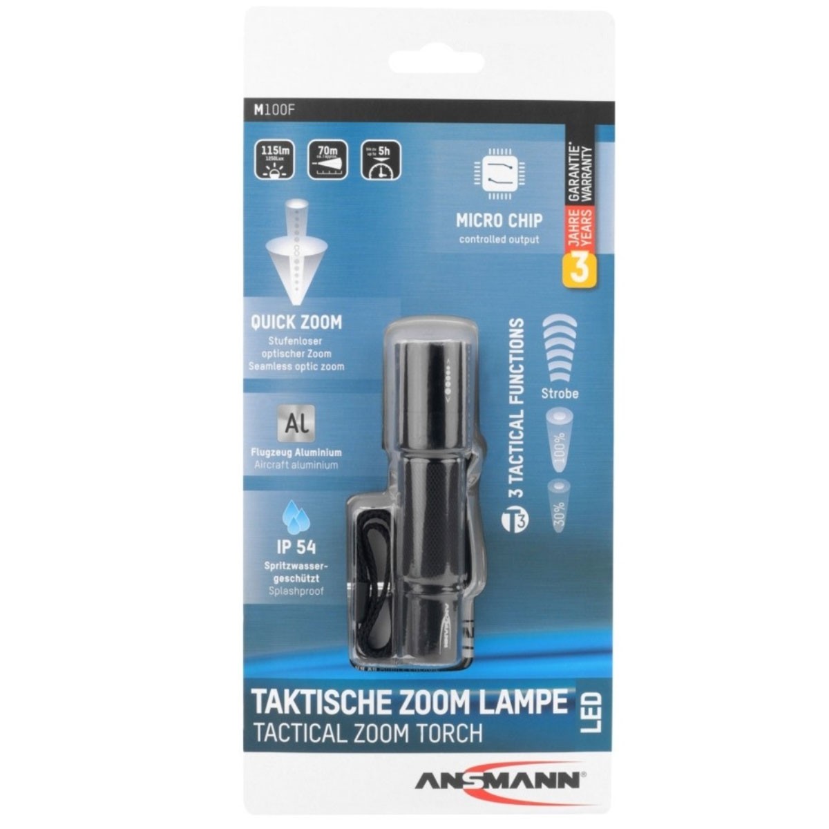 Ansmann M100F die taktische Taschenlampe mit stufenloser Fokussierung, inkluisve 1x Mignon AA Batterie, abnehmbarem Halteclip und Handschlaufe