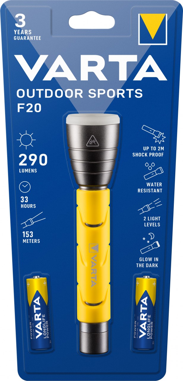 Varta LED Taschenlampe Outdoor Sports, F20 235lm, inkl. 2x Batterie Alkaline AA, Retail Blister