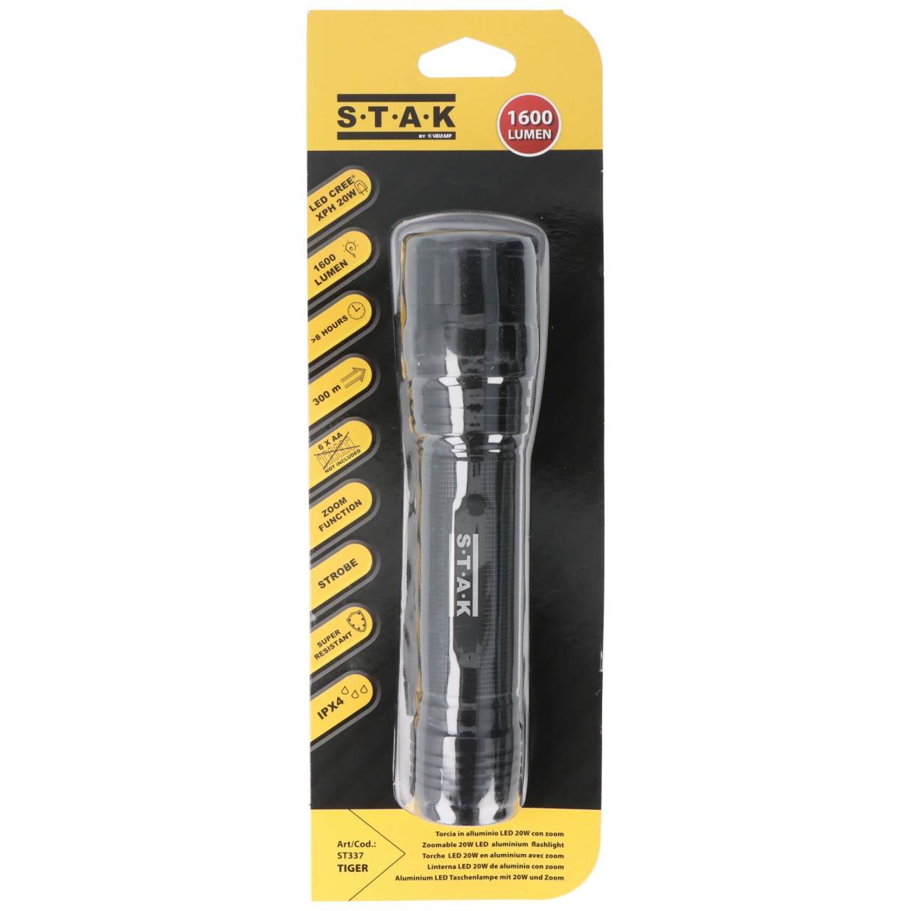 LED Stabtaschenlampe, LED CREE XPH 20W mit Zoom, für 6x AA Batterien