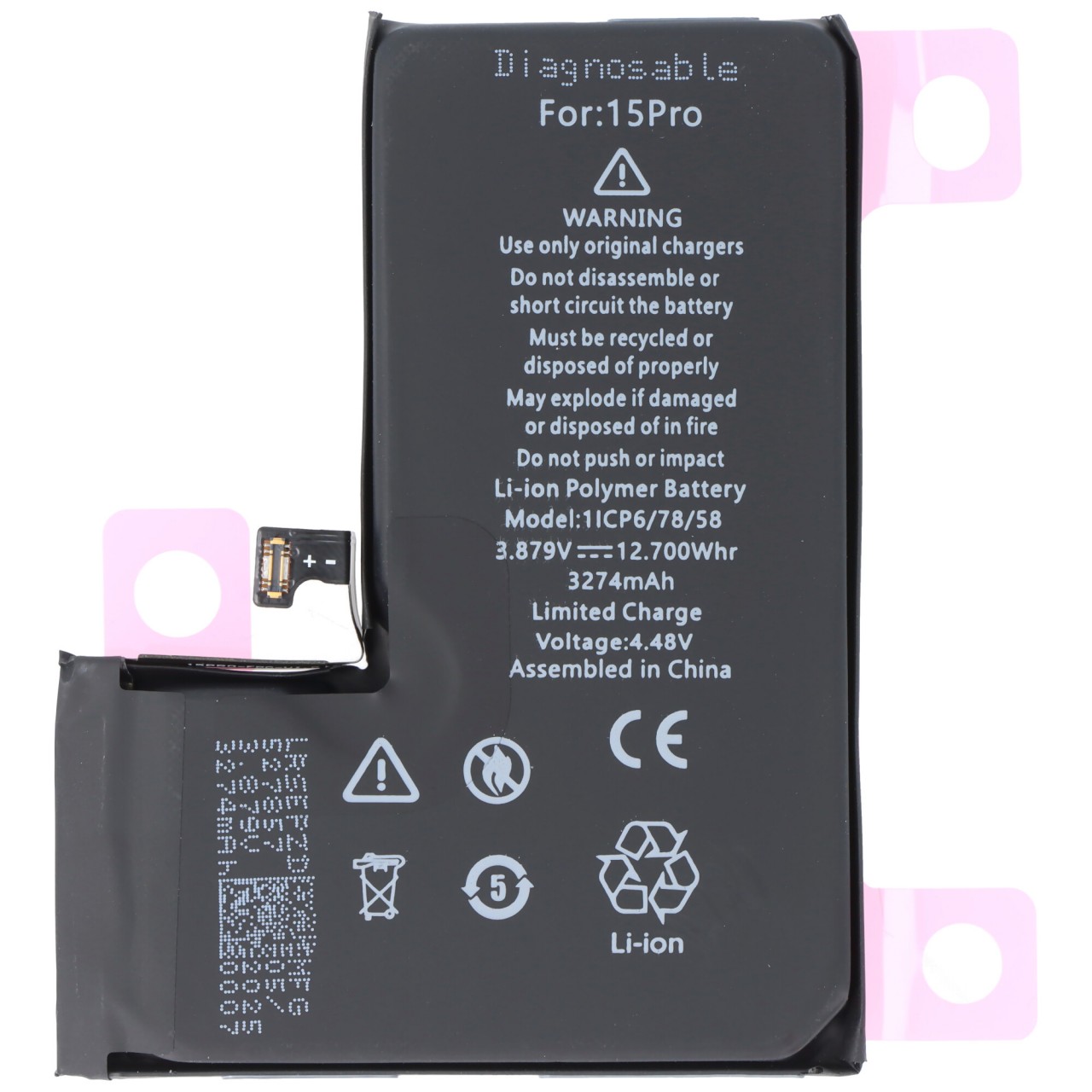Akku passend für Apple iPhone 15 Pro, diagnostizierbar, Li-Polymer, 3,87V, 3274mAh, 12,7Wh,  ohne Werkzeug