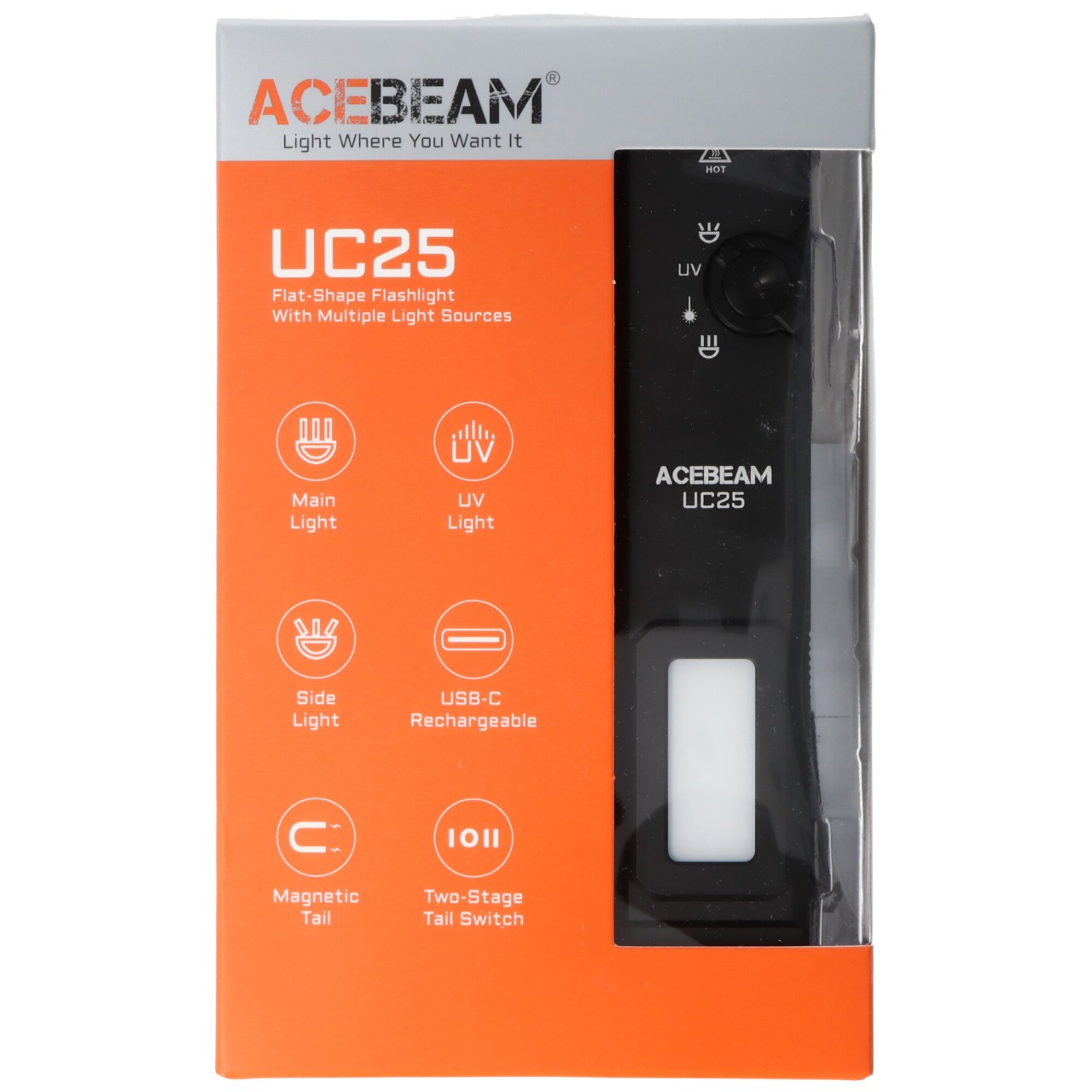 AceBeam UC25 mit 3.100 Lm Kalt.- Warmweißem / UV Licht und grünem Laser, Schwarz