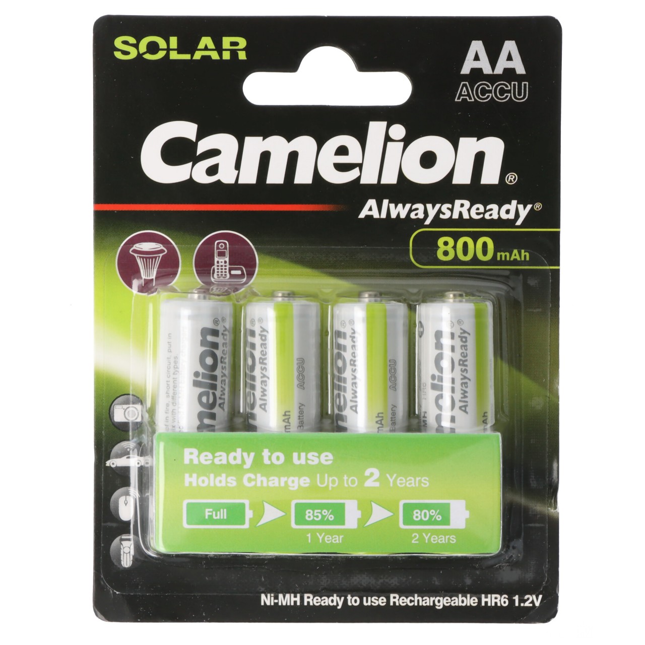 Camelion AA AlwaysReady Akku, ideal für Solar-Leuchten, Telefone, Messgeräte, NiMH, 1,2 Volt 800mAh
