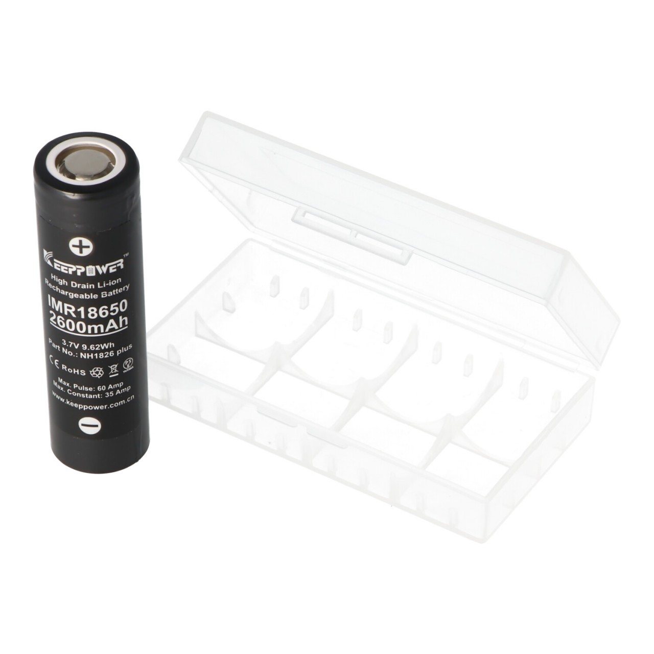 Keeppower IMR18650 Plus 2600mAh 3,6V - 3,7V Li-Ion-Akku (US18650VTC5A) min. 2500mAh typ. 2600MAh maximal 35A Stromabgabe (Flat Top) inkl. Akkuschutzbox
