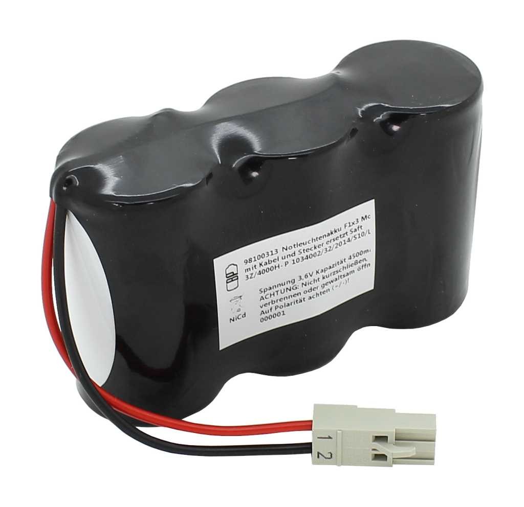 Notleuchtenakku NiMH 3,6V 4500mAh F1x3 Mono D mit Kabel und Stecker ersetzt Saft 3Z/4000H-P 1034002/32/2014/S10/Li