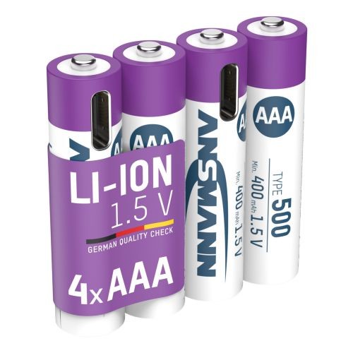 Ansmann Micro AAA 1,5V Lithium-Ionen Akkus, min. 400mAh typ. 500mAh, inkl. 4in1 USB-C Ladekabel, 4er Papierblister