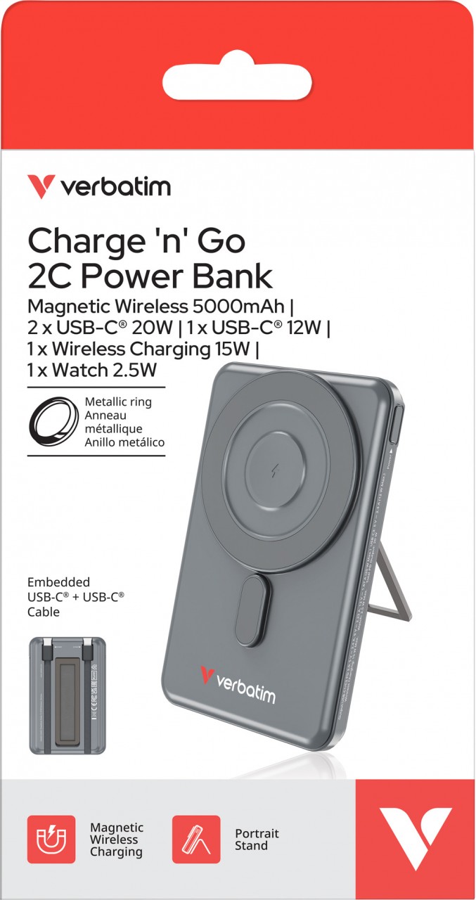 Verbatim Powerbank Charge'n'Go 2C, 5.000mAh, Klappstand, grau Magnetic Wireless, 2 integr. Kabel USB-C, Retail
