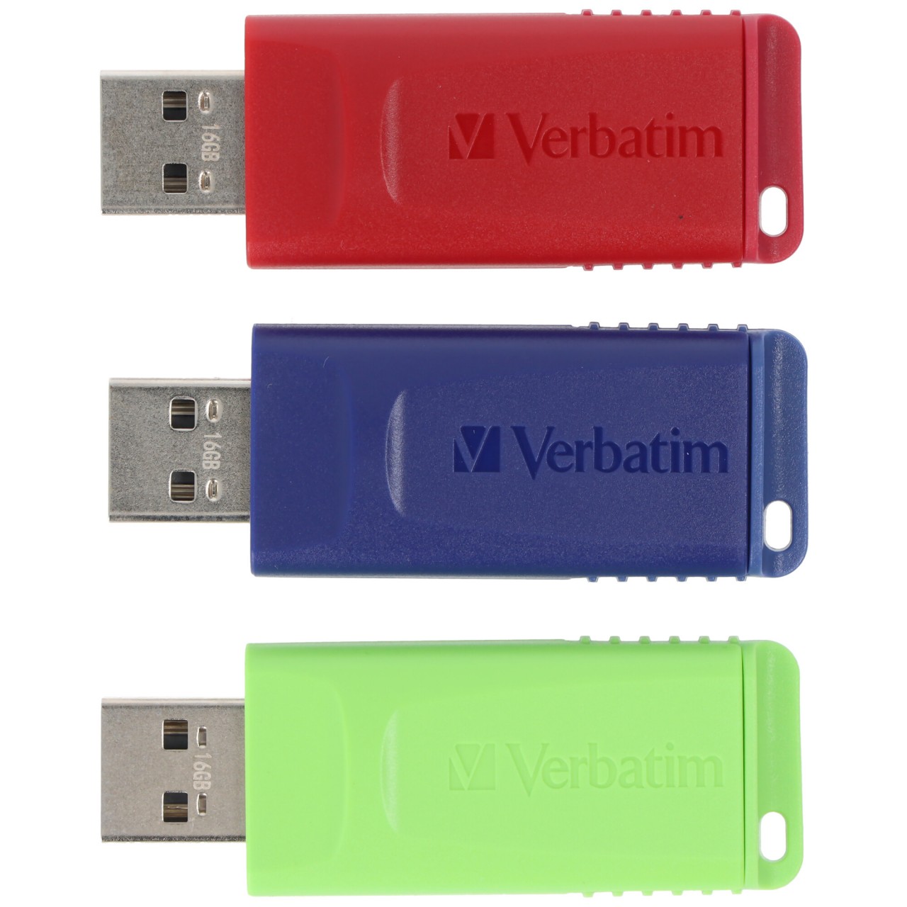 Verbatim USB 2.0 Stick 16GB, Slider, rot-blau-grün, Multipack (R) 10MB/s, (W) 4MB/s, Retail-Blister (3-Pack)