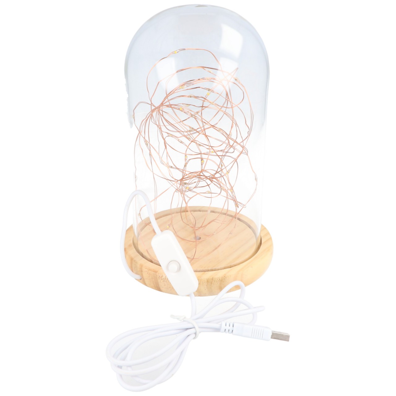 Glasglocke mit LED-Micro-Lichterkette - mit Holzsockel, USB-Kabel 115 cm, Lichterkette 5 m mit 50 Micro-LEDs in Warmweiß (2700 K) und Schalter (Ein/Aus)