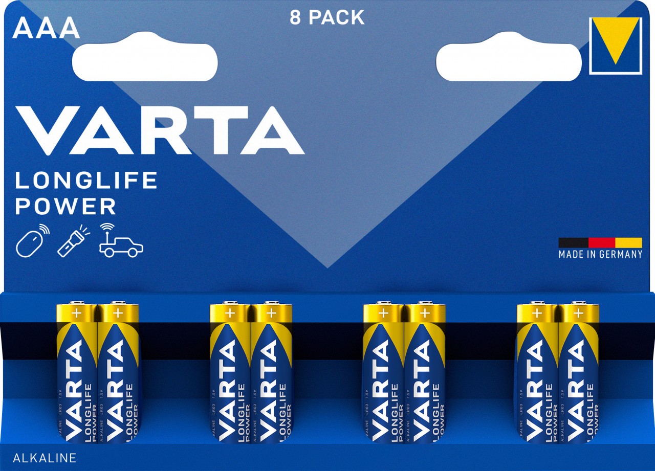 Varta Batterie Alkaline, Micro, AAA, LR03, 1.5V Longlife Power, Retail Blister (8-Pack)