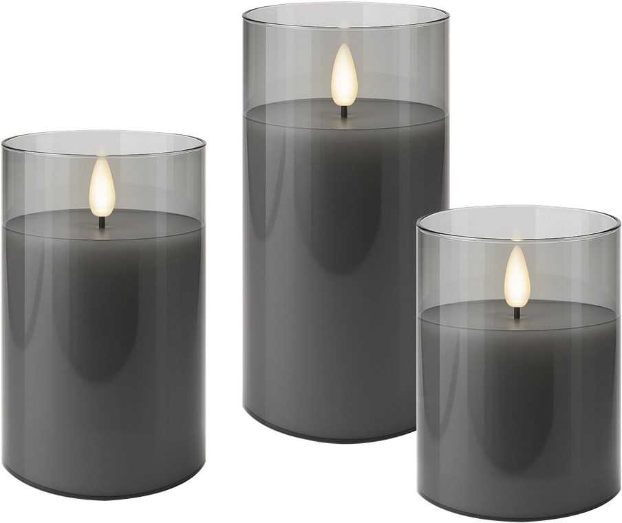 Goobay 3er-Set LED-Echtwachs-Kerzen im Glas, grau-transparent - mit Timerfunktion und 3D-Flammenkegel, batteriebetrieben, warmweiß (2700 K)