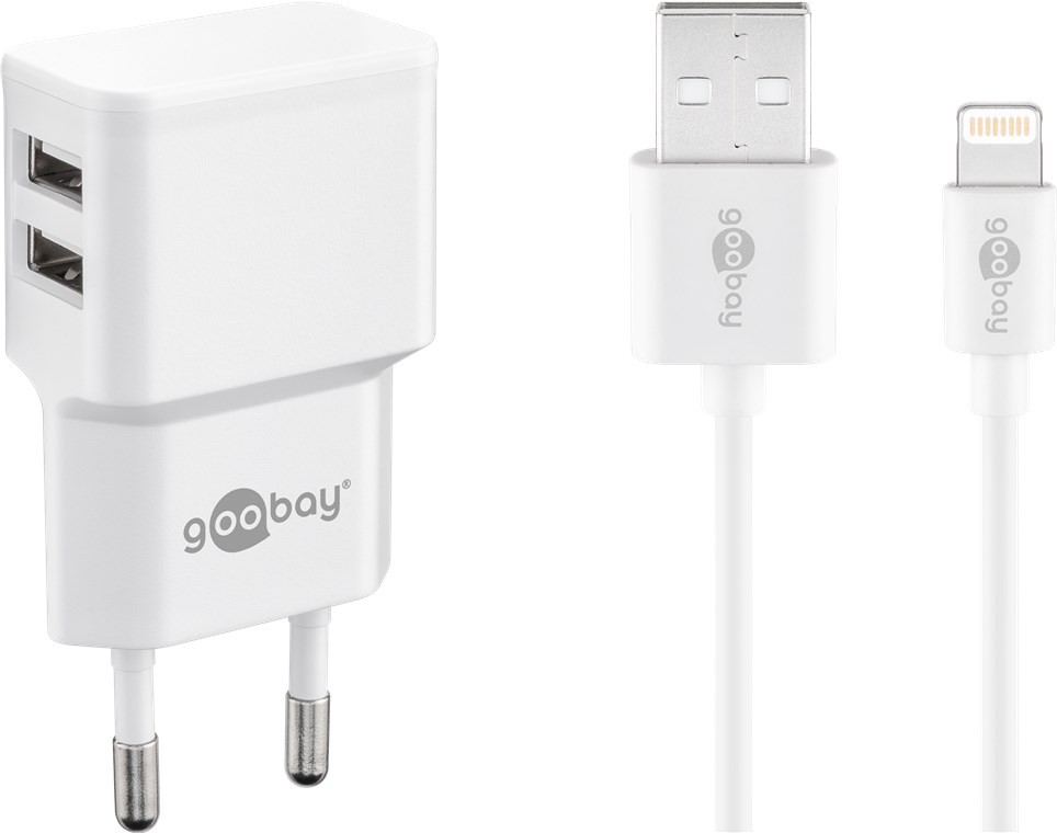 Goobay Apple Lightning Dual Ladeset 2,4 A - Netzteil mit 2x USB-Buchse und Apple Lightning-Kabel 1m (weiß)