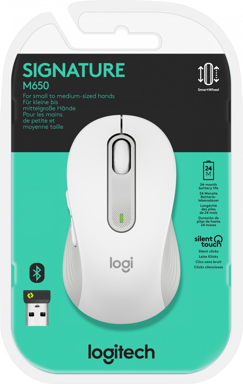 Logitech Maus M650, Signature, Wireless, Bolt, Bluetooth, weiss Optisch, 400-4000dpi, 5 Tasten, Right, S/M, Retail
