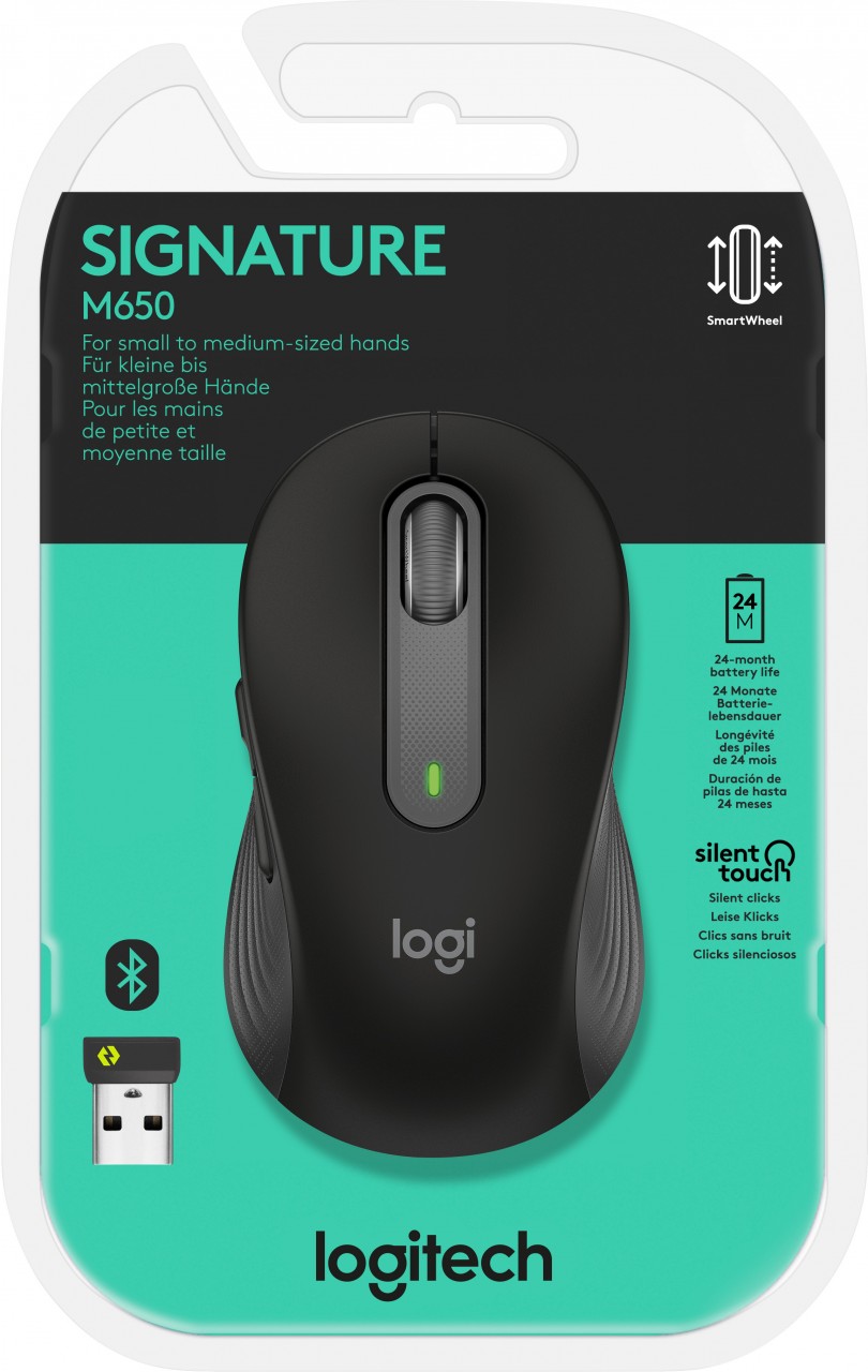 Logitech Maus M650, Signature, Wireless, Bolt, Bluetooth, grafit Optisch, 400-4000dpi, 5 Tasten, Right, S/M, Retail