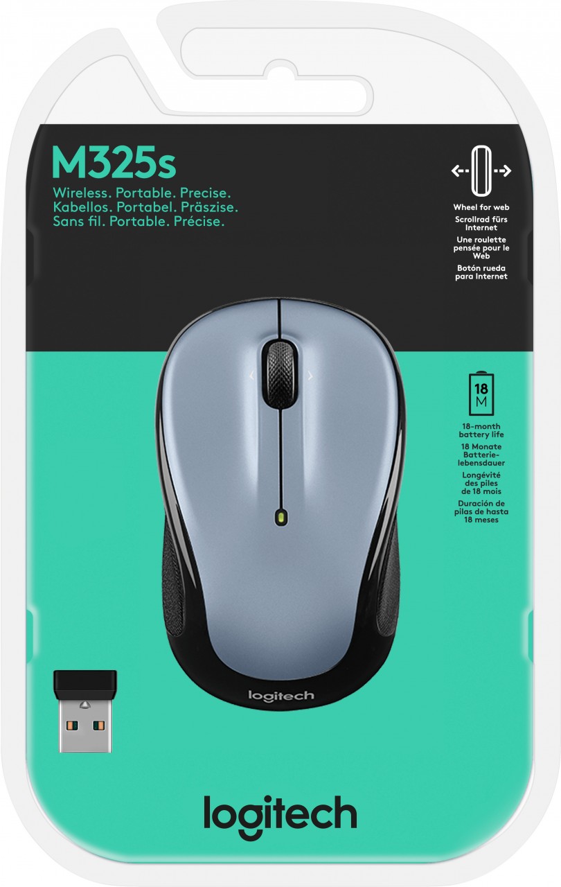 Logitech Maus M325s, Wireless, Light Silver Optisch, 1000 dpi, 3 Tasten, Retail
