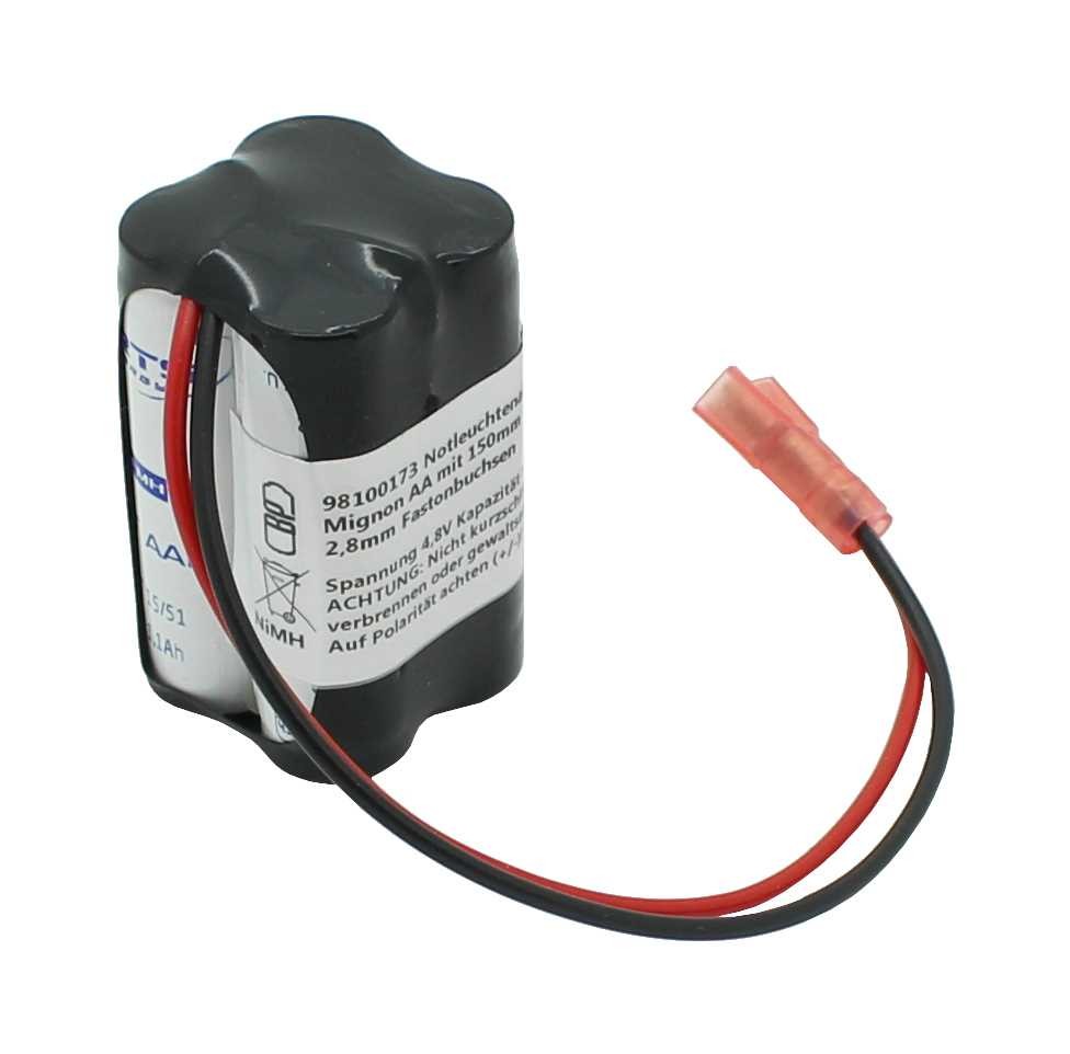 Notleuchtenakku NiMH 4,8V 1100mAh F2x2 Mignon AA mit 150mm Kabel und 2,8mm Fastonbuchsen