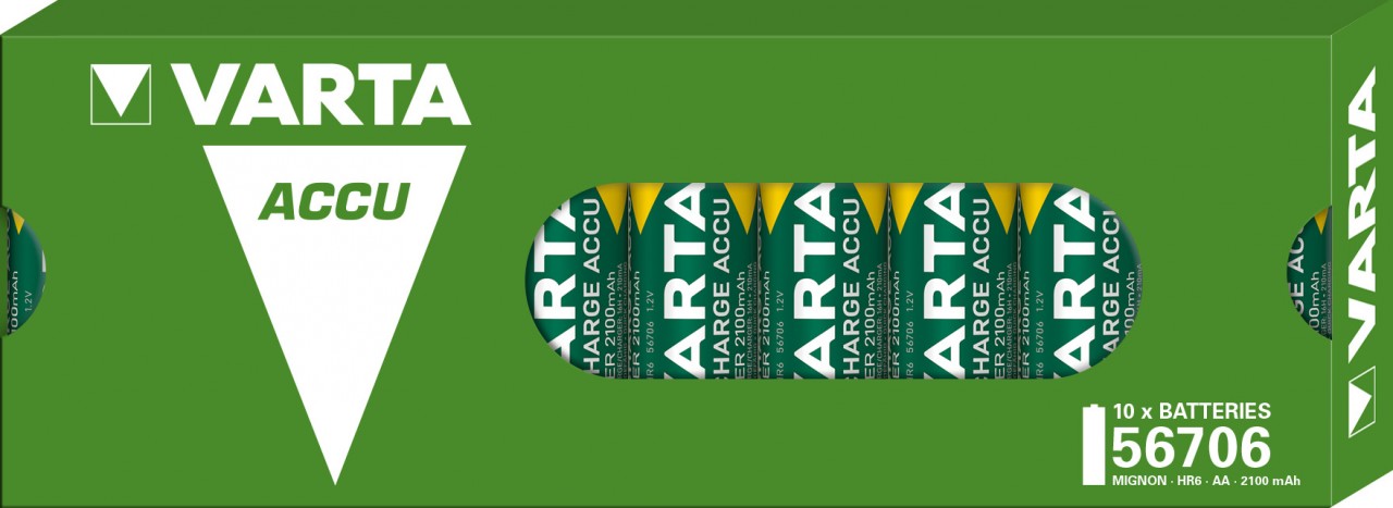 Varta Akku NiMH, Mignon, AA, HR06, 1.2V/2100mAh Accu Power, Pre-charged, Retail Box (10-Pack)