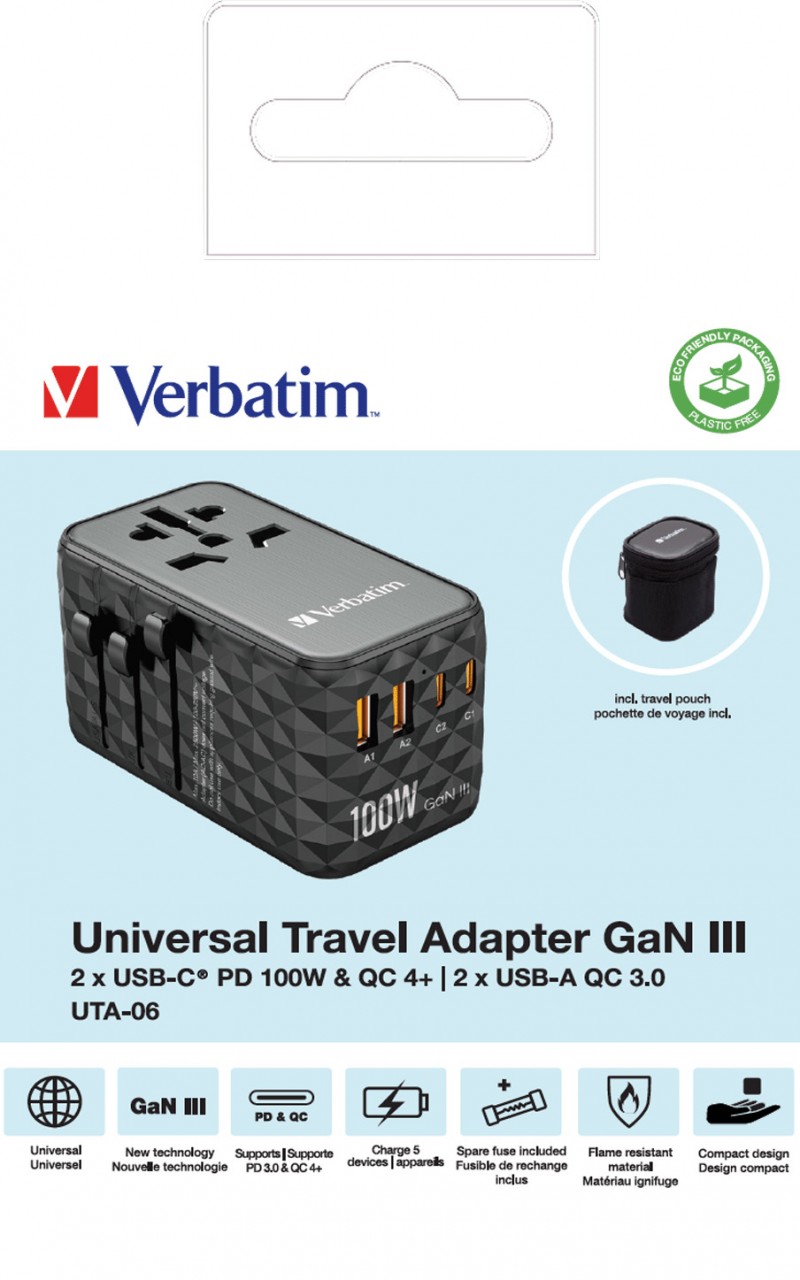 Verbatim Ladeadapter, Universal Travel, UTA-06, GaN III, 100W 2x USB-A QC, 2x USB-C PD, 100-250V, Retail