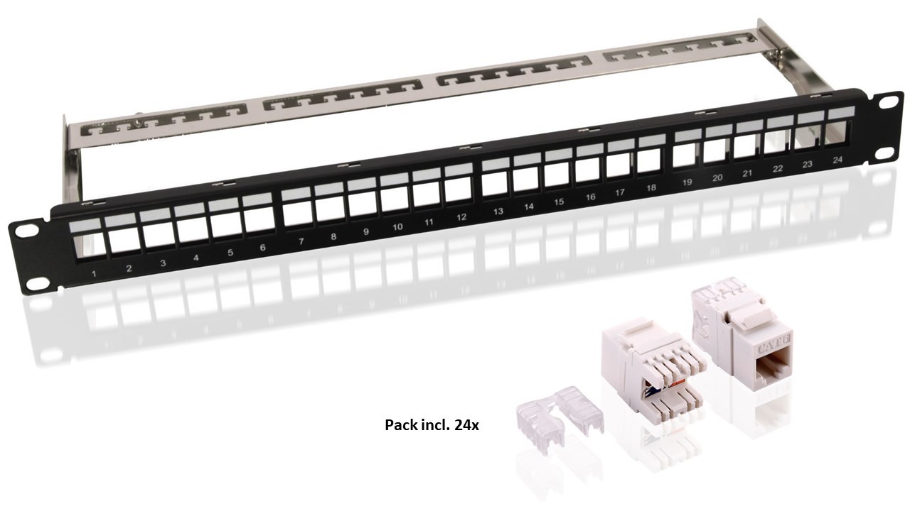 Goobay 19-Zoll (48,3 cm) Keystone Patch Panel Leergehäuse Set (1 HE) - inkl. 24x CAT-6-Module (UTP)