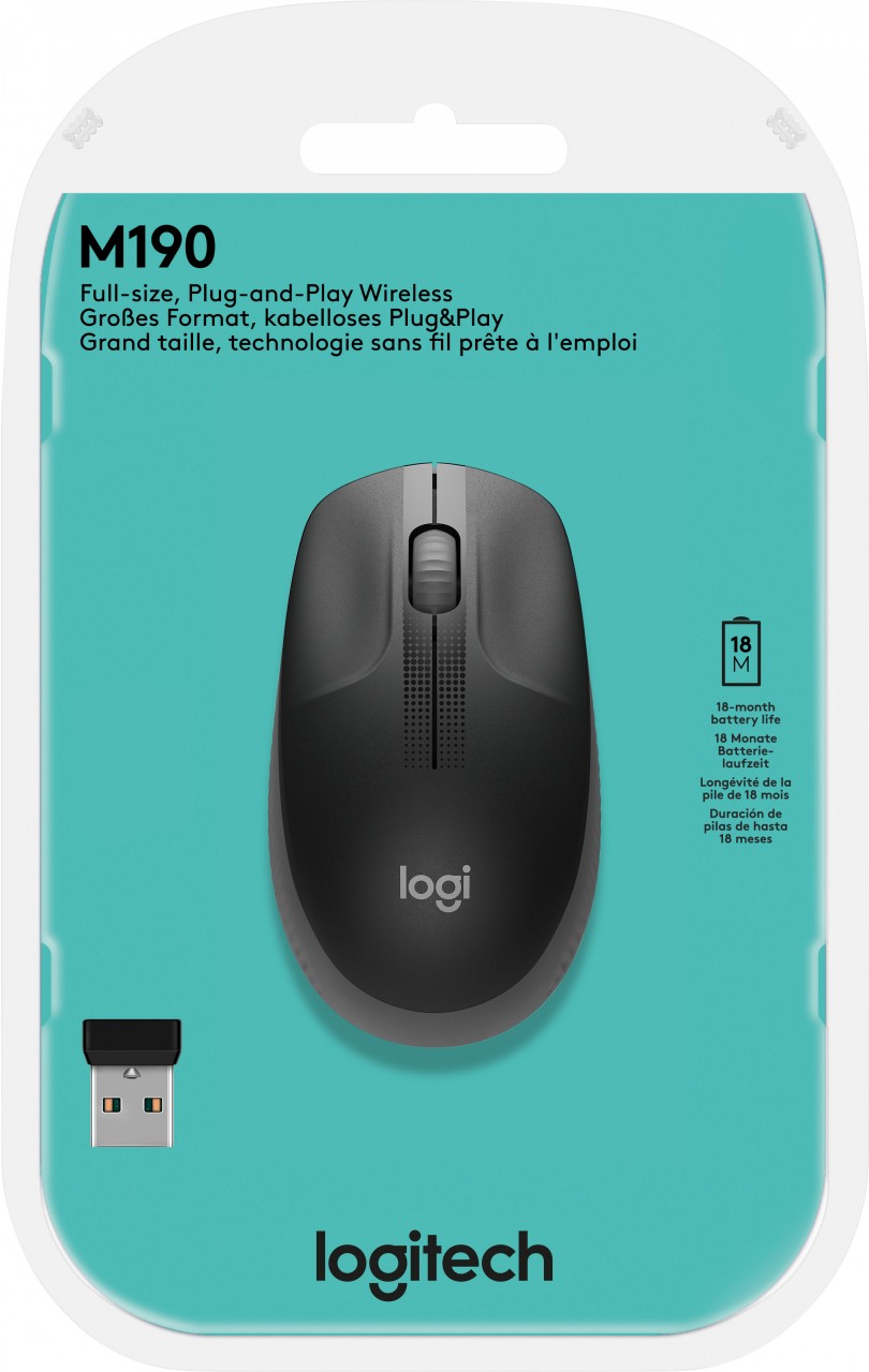 Logitech Maus M190, Wireless, anthrazit Optisch, 1000 dpi, 3 Tasten, Retail