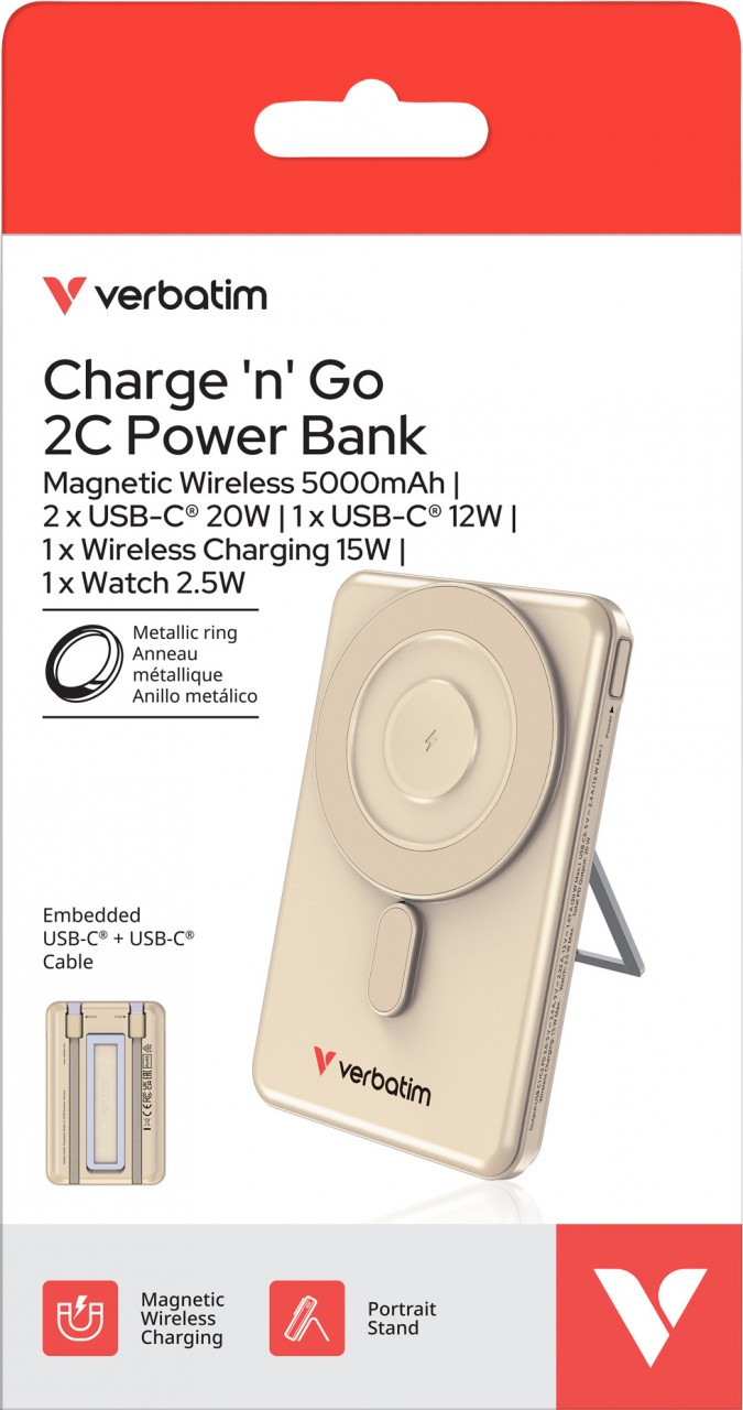 Verbatim Powerbank Charge'n'Go 2C, 5.000mAh, Klappstand, gold Magnetic Wireless, 2 integr. Kabel USB-C, Retail