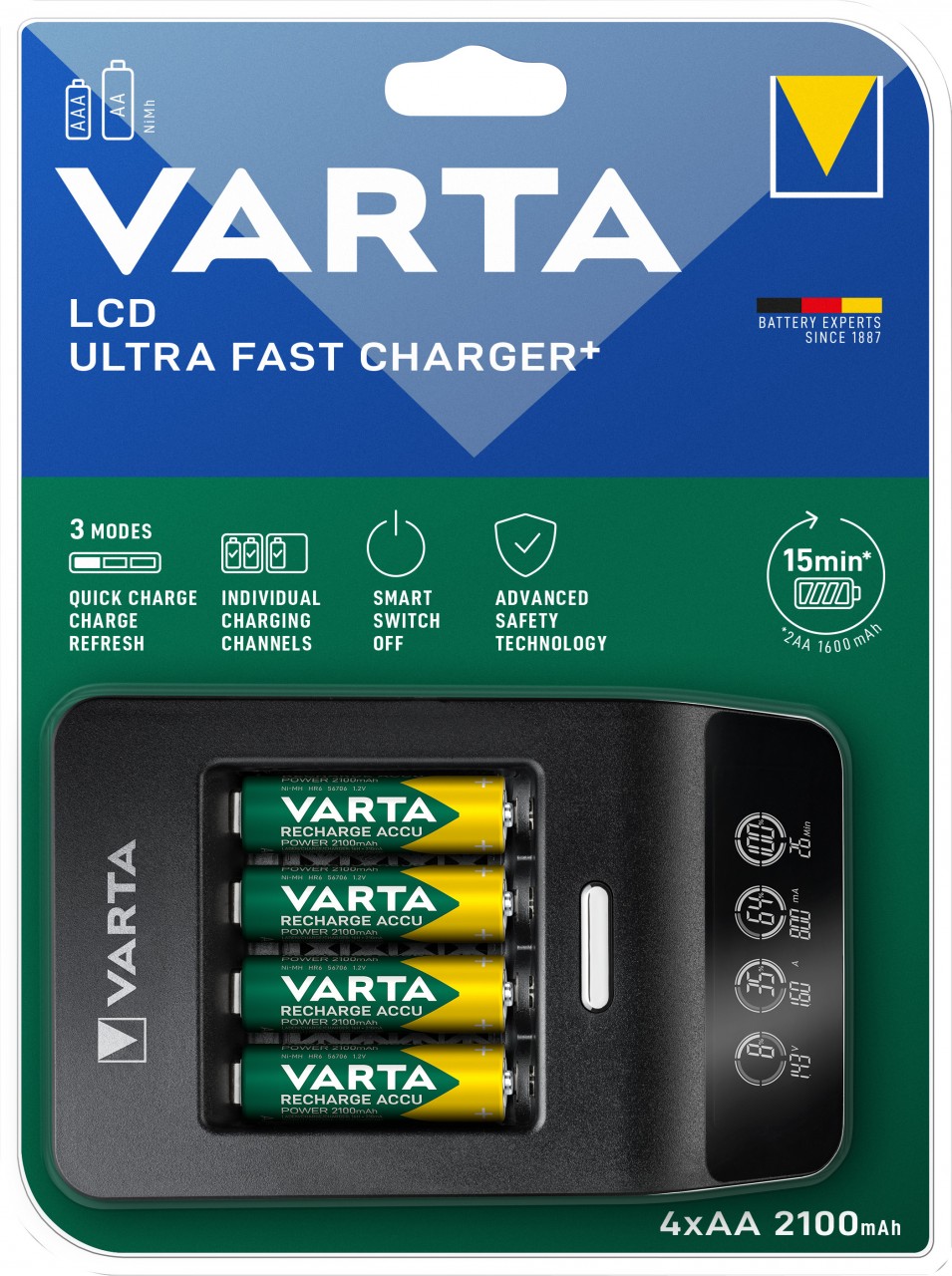 Varta Akku NiMH, Universal Schnellladegerät, LCD Charger+ inkl. Akkus, 4x Mignon, AA, 2500mAh