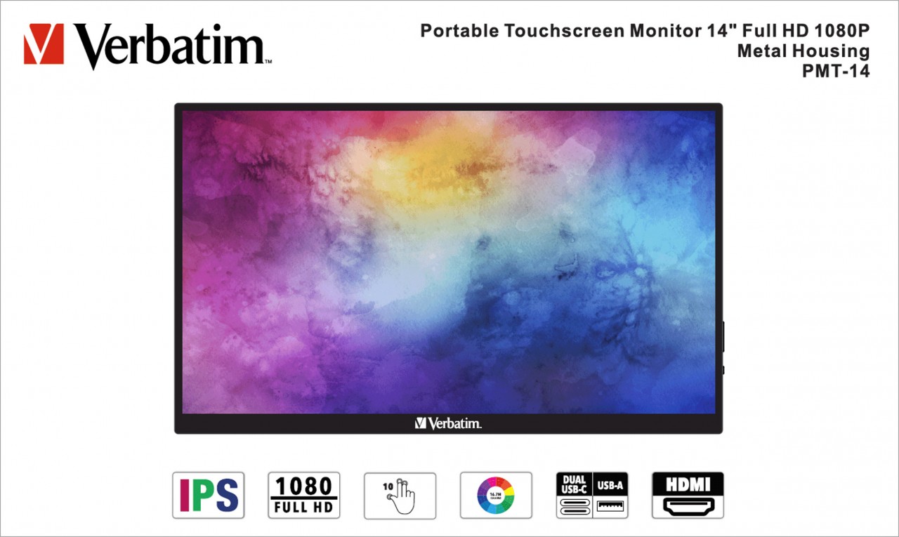 Verbatim Portable Monitor PMT-14, 14'' (35.56cm), LCD, Full HD USB A-C, HDMI, IPS, 16:9, Touchscreen, Retail