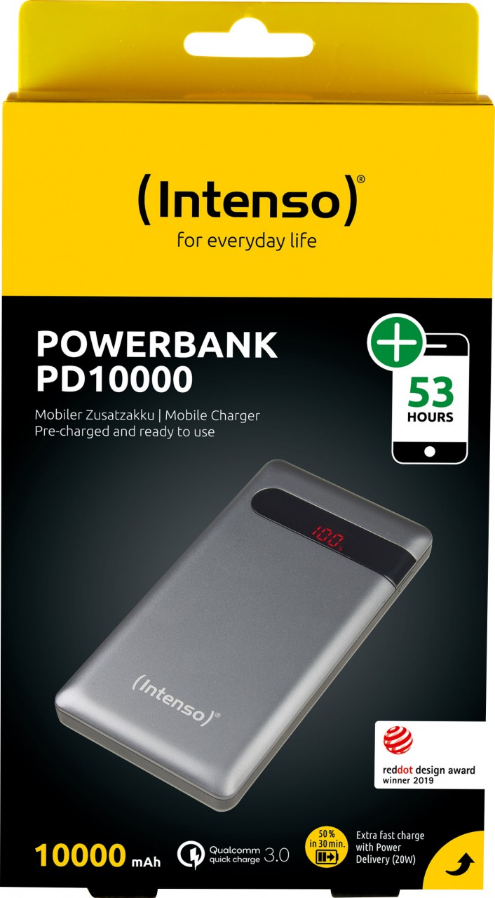 Intenso Akku Powerbank, 10.000mAh, PD10000, anthrazit 1× USB-A QC, 1× USB-C PD3.0, Retail
