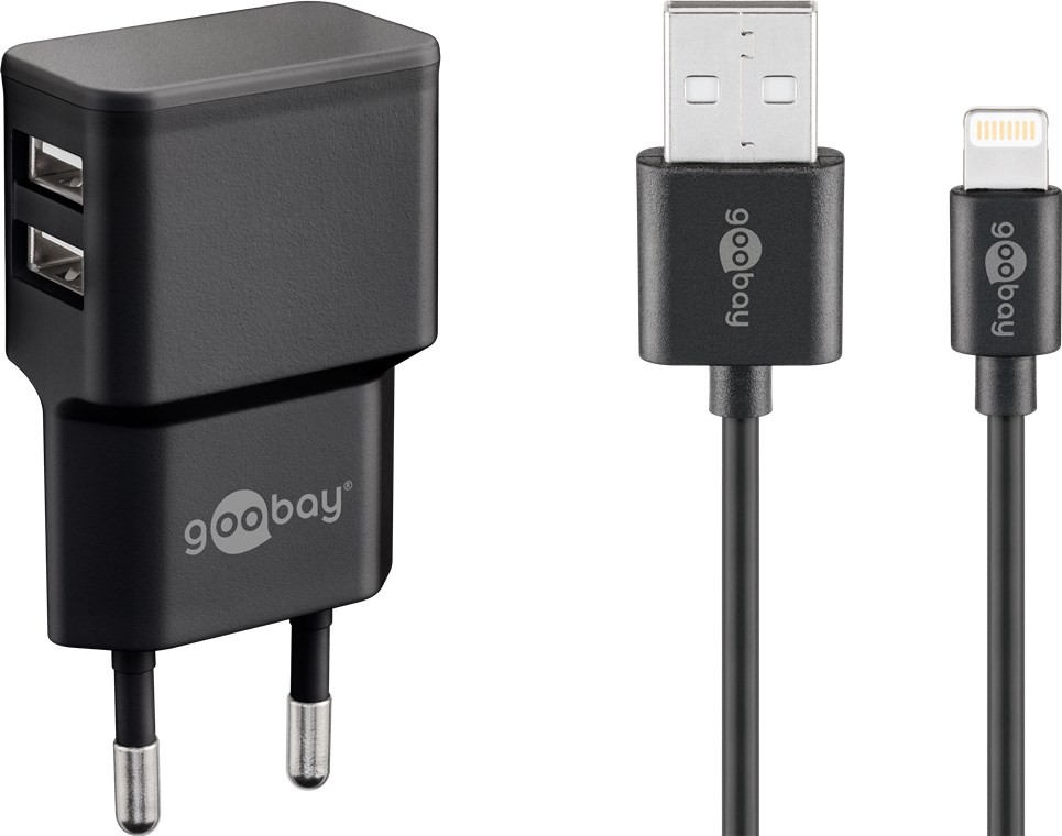 Goobay Apple Lightning Dual Ladeset 2,4 A - Netzteil mit 2x USB-Buchse und Apple Lightning-Kabel 1m (Schwarz)