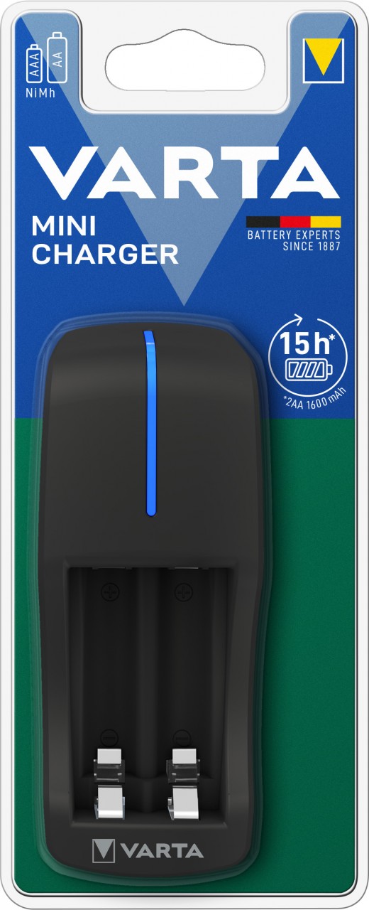 Varta Akku NiMH, Universal Ladegerät, Mini Charger ohne Akkus, für AA/AAA, 2100mAh