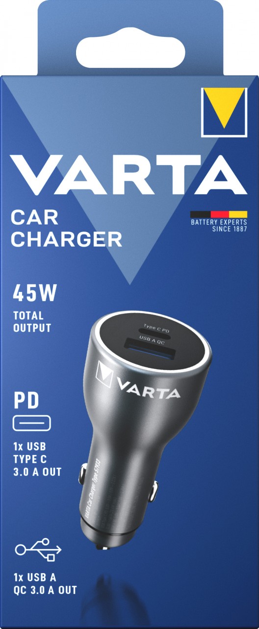 Varta Ladeadapter, KFZ, Car Charger, 45W, anthrazit 1x USB-A QC, 1x USB-C PD, Retail Blister