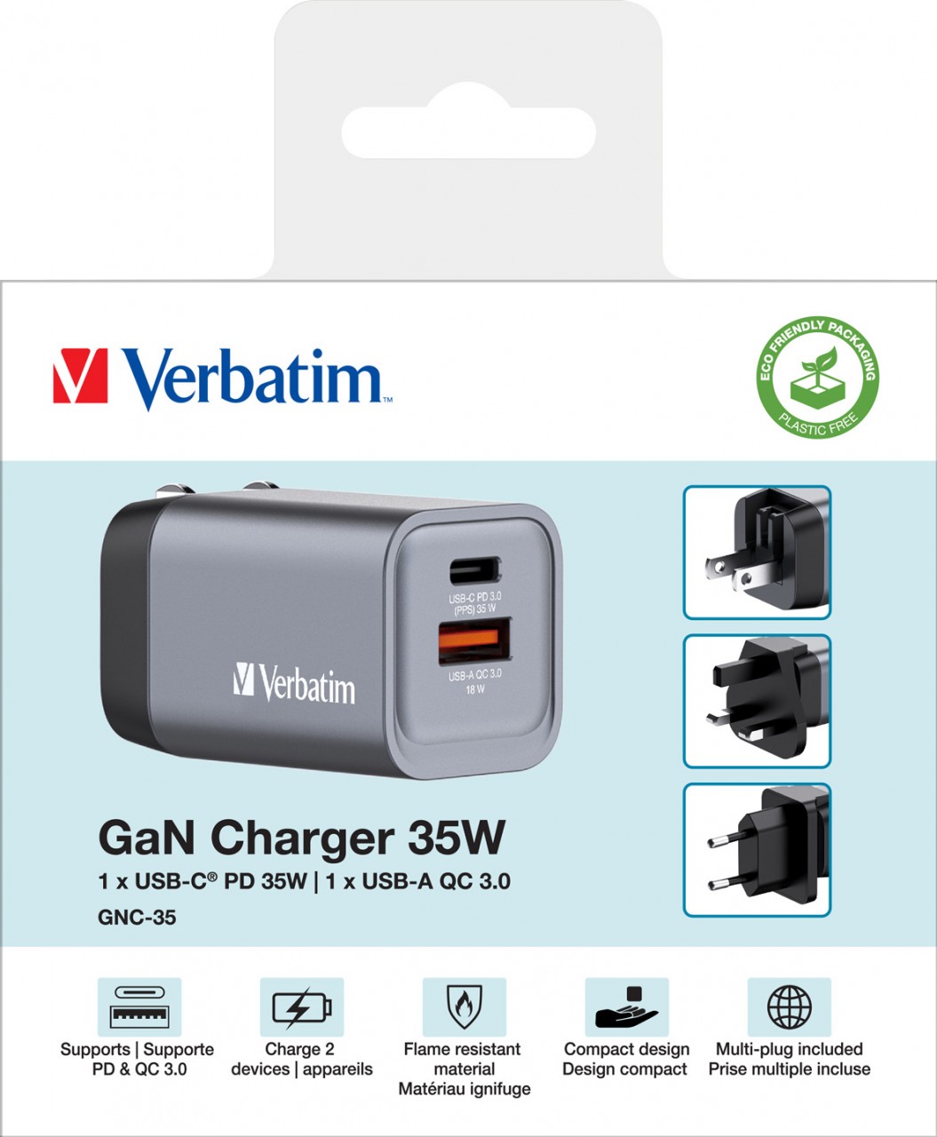 Verbatim Ladeadapter, Universal, GNC-35, GaN, 35W, grau 1x USB-A QC, 1x USB-C PD, Retail