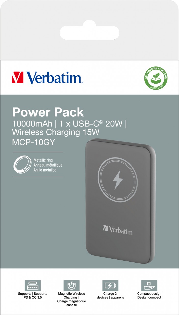 Verbatim Akku Powerbank, 10.000mAh, MCP-10GN, grau Magnetic Wireless, USB-C, QC-PD 3.0, Retail-Blister