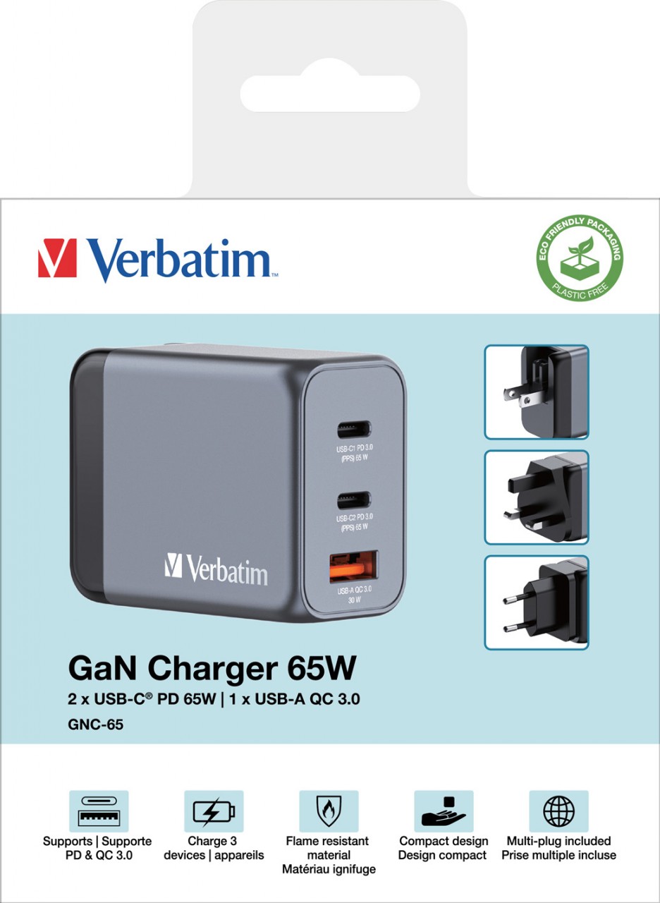 Verbatim Ladeadapter, Universal, GNC-65, GaN, 65W, grau 1x USB-A QC, 2x USB-C PD, Retail