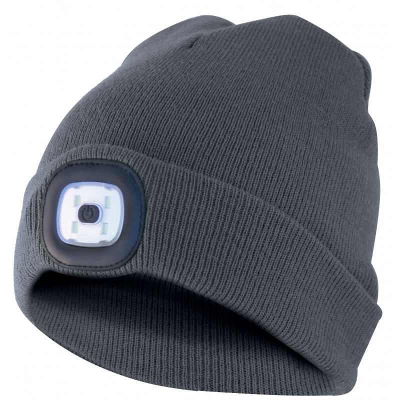 Mütze mit LED-Frontleuchte, Strickmütze mit LED-Licht ideal zum Joggen, Campen, Arbeiten, Spazieren etc., wiederaufladbar per USB und waschbar, dunkelgrau