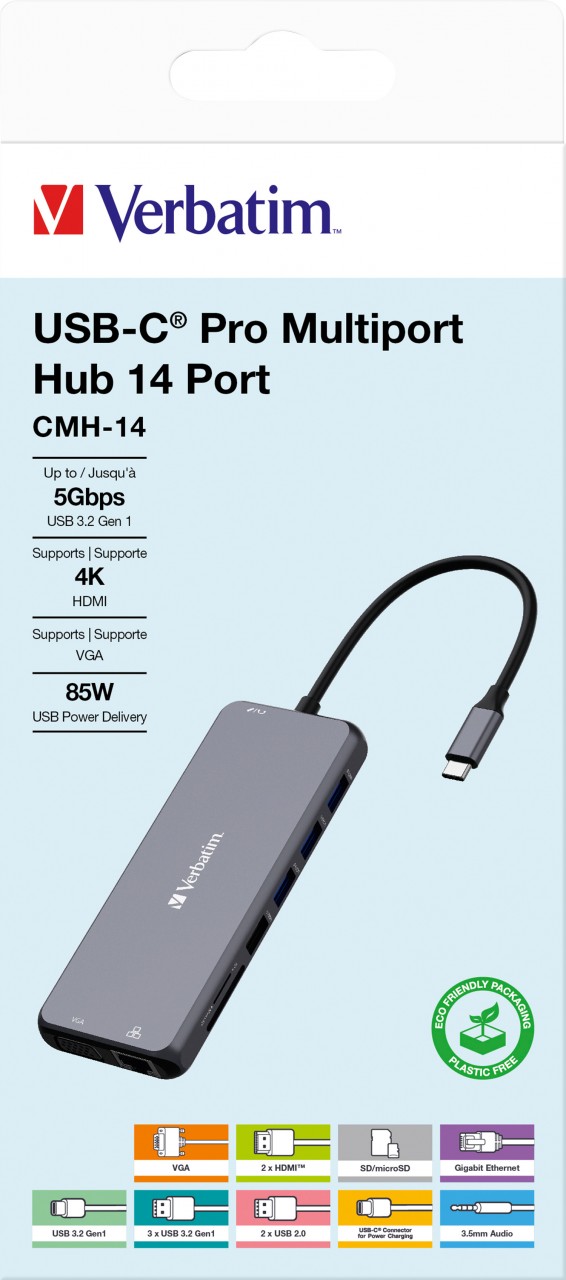 Verbatim Hub, Multiport, CMH-14, 2x USB 2.0-A, 4x USB 3.2-A, 2x USB 3.2-C VGA, 2x HDMI 4K, RJ45, Audio, SD, microSD, USB 3.1-C Kabel, Retail