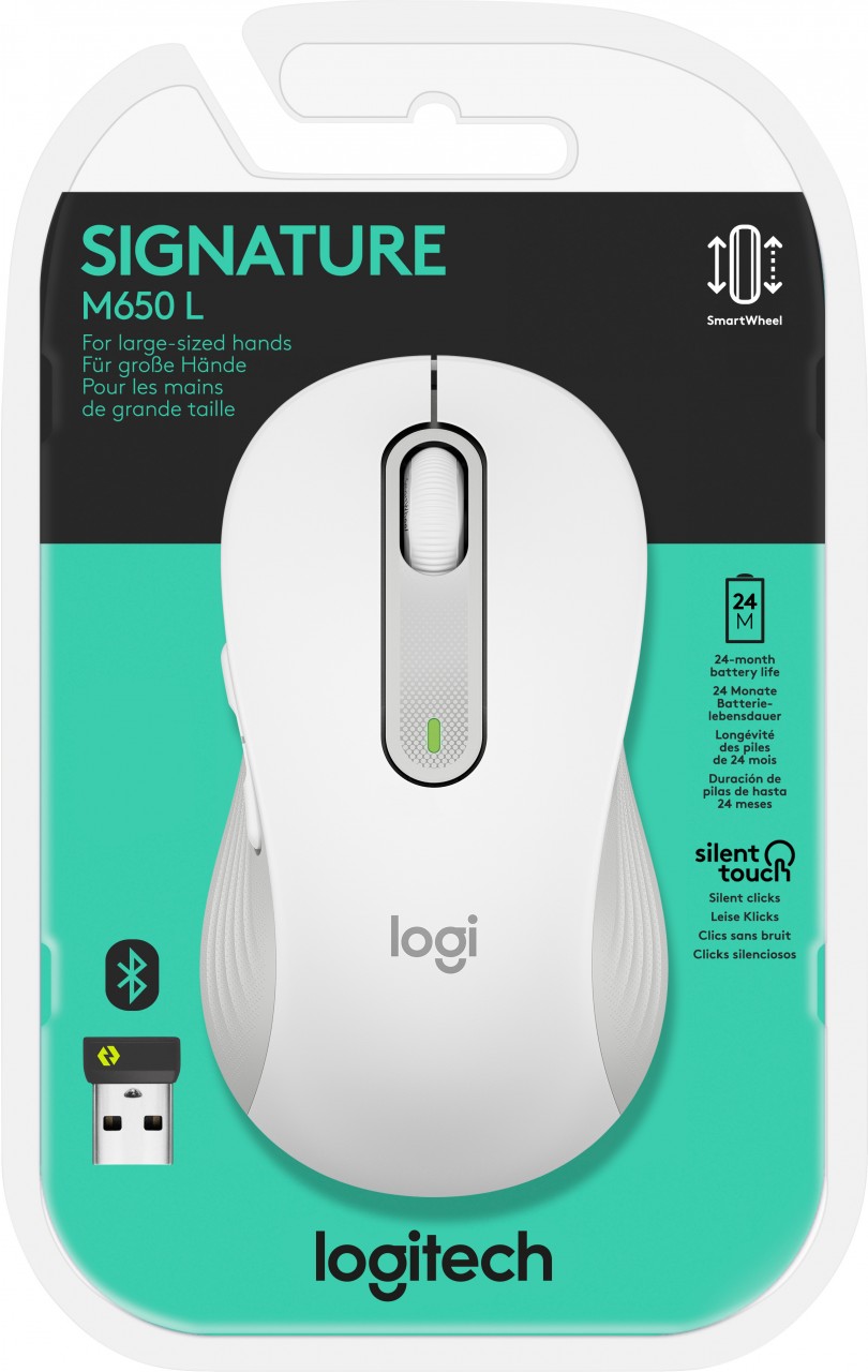 Logitech Maus M650 L, Signature, Wireless, Bolt, Bluetooth, weiss Optisch, 400-4000dpi, 5 Tasten, Right, Large, Retail