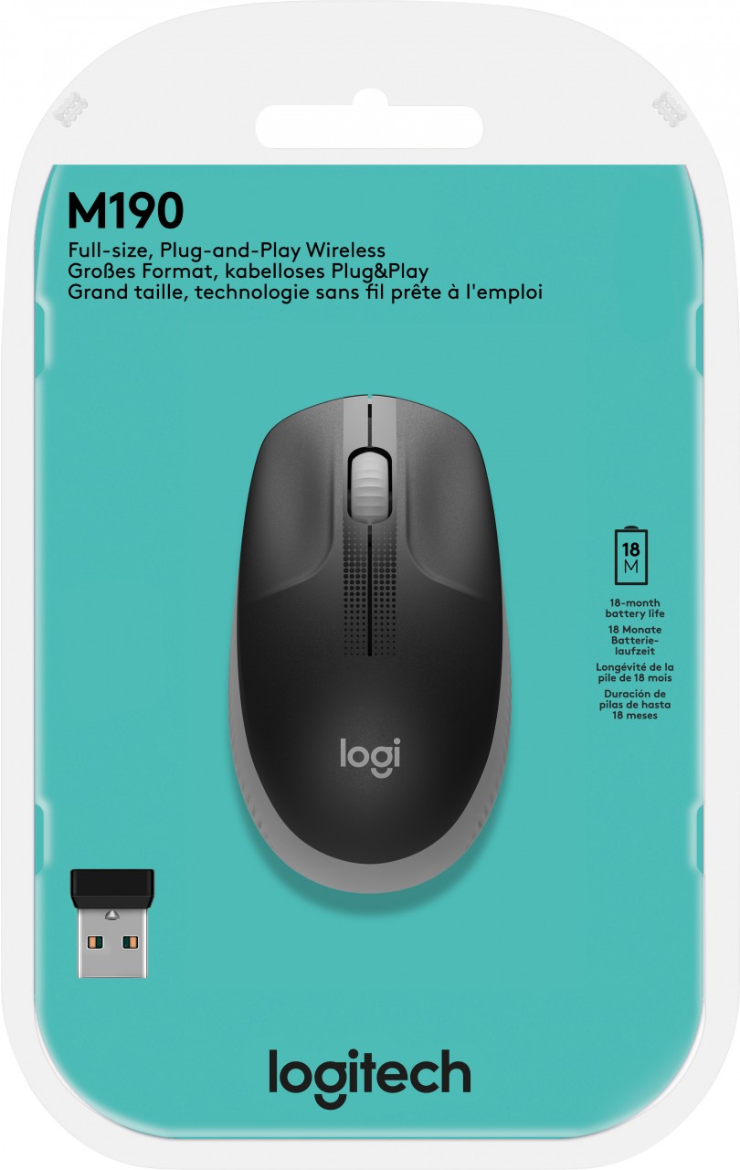 Logitech Maus M190, Wireless, grau Optisch, 1000 dpi, 3 Tasten, Retail